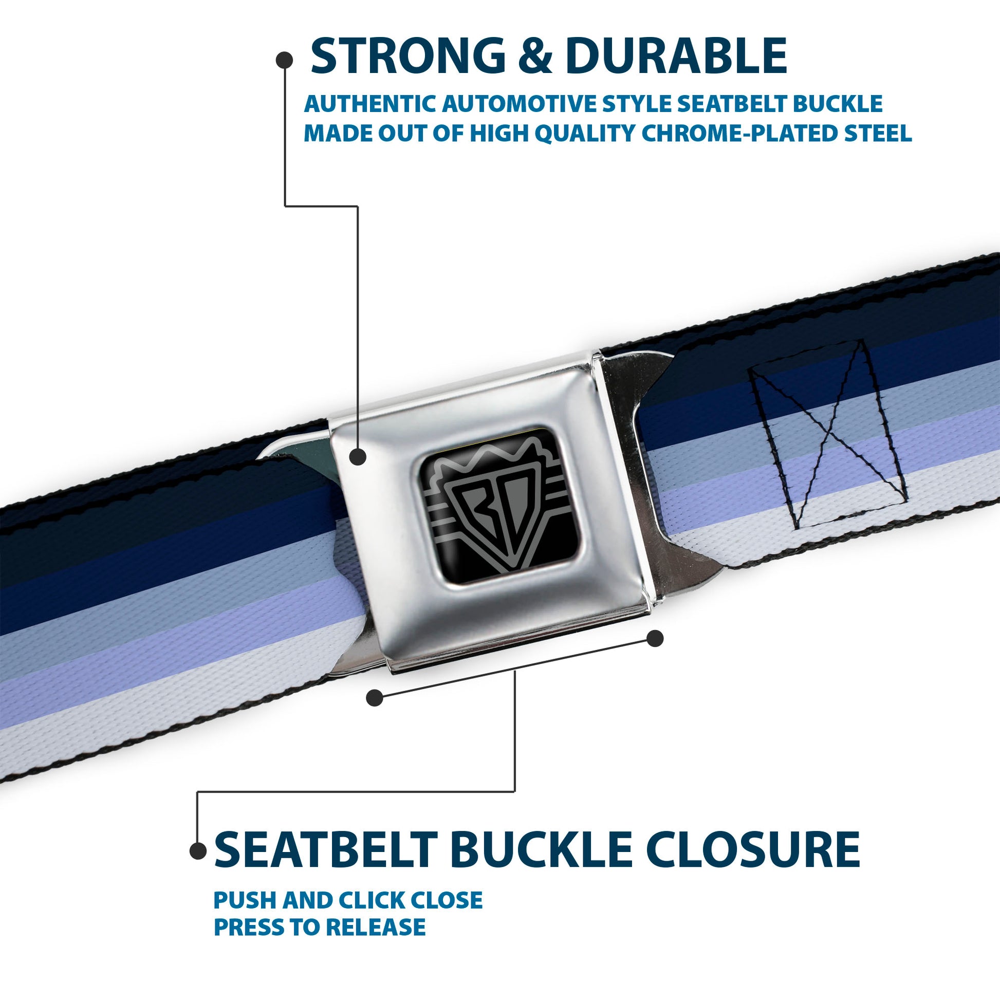 BD Wings Logo CLOSE-UP Full Color Black Silver Seatbelt Belt - Spectrum Blue Webbing Seatbelt Belts Buckle-Down