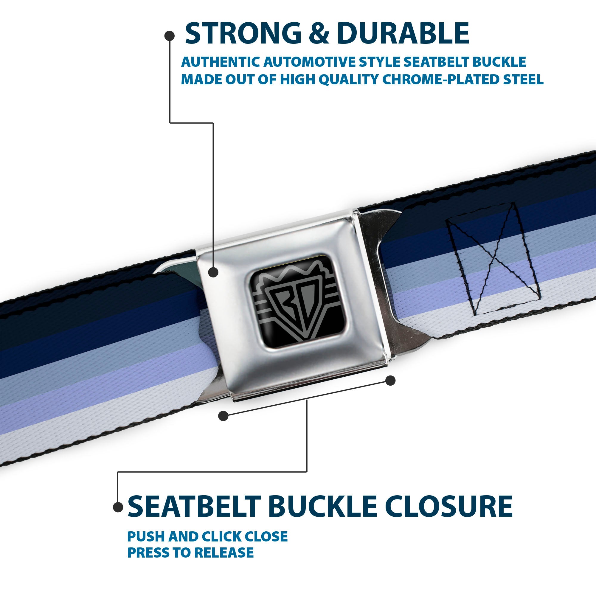 BD Wings Logo CLOSE-UP Full Color Black Silver Seatbelt Belt - Spectrum Blue Webbing Seatbelt Belts Buckle-Down