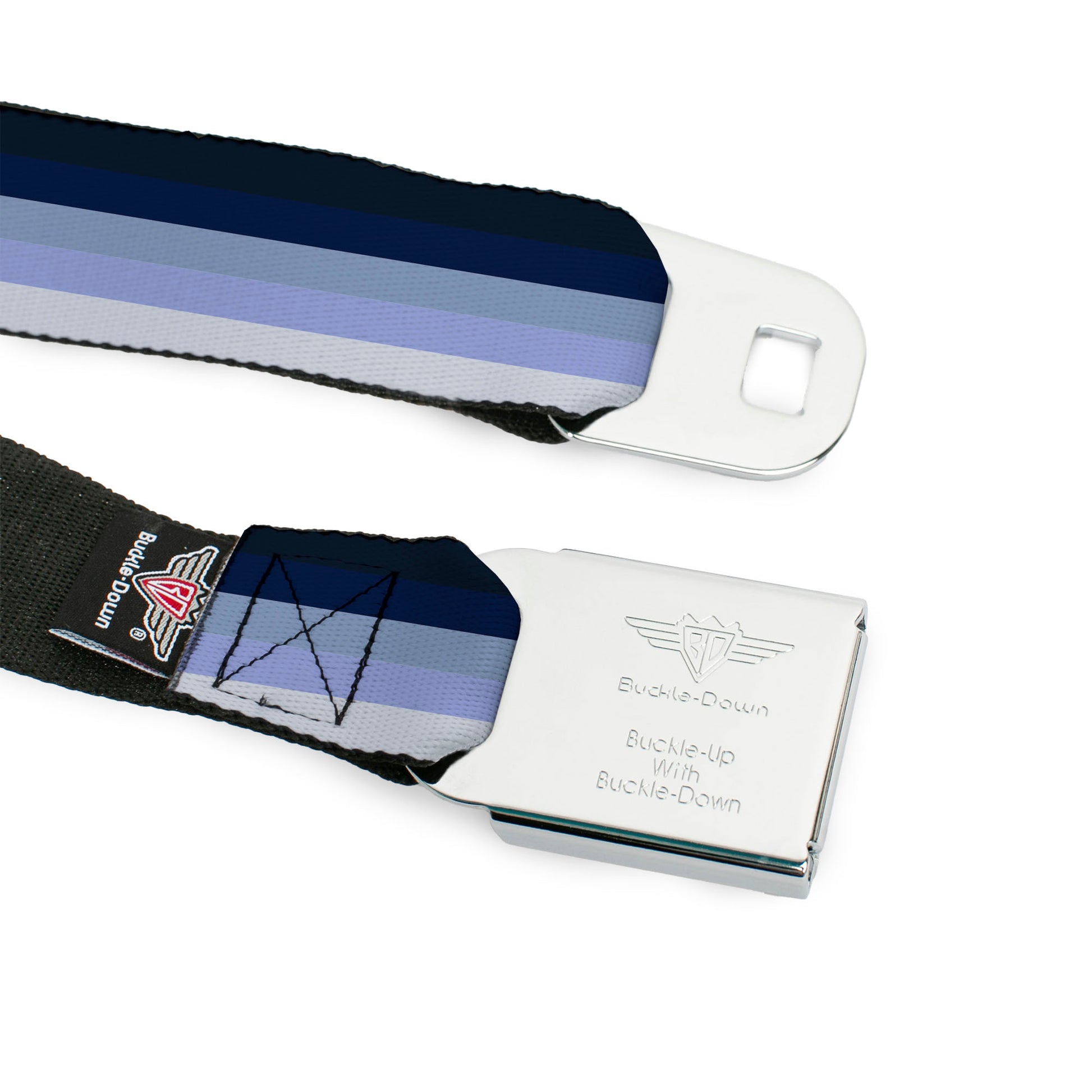 BD Wings Logo CLOSE-UP Full Color Black Silver Seatbelt Belt - Spectrum Blue Webbing Seatbelt Belts Buckle-Down
