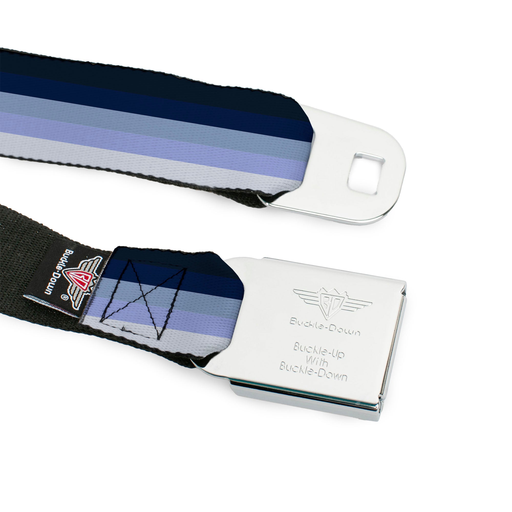 BD Wings Logo CLOSE-UP Full Color Black Silver Seatbelt Belt - Spectrum Blue Webbing Seatbelt Belts Buckle-Down