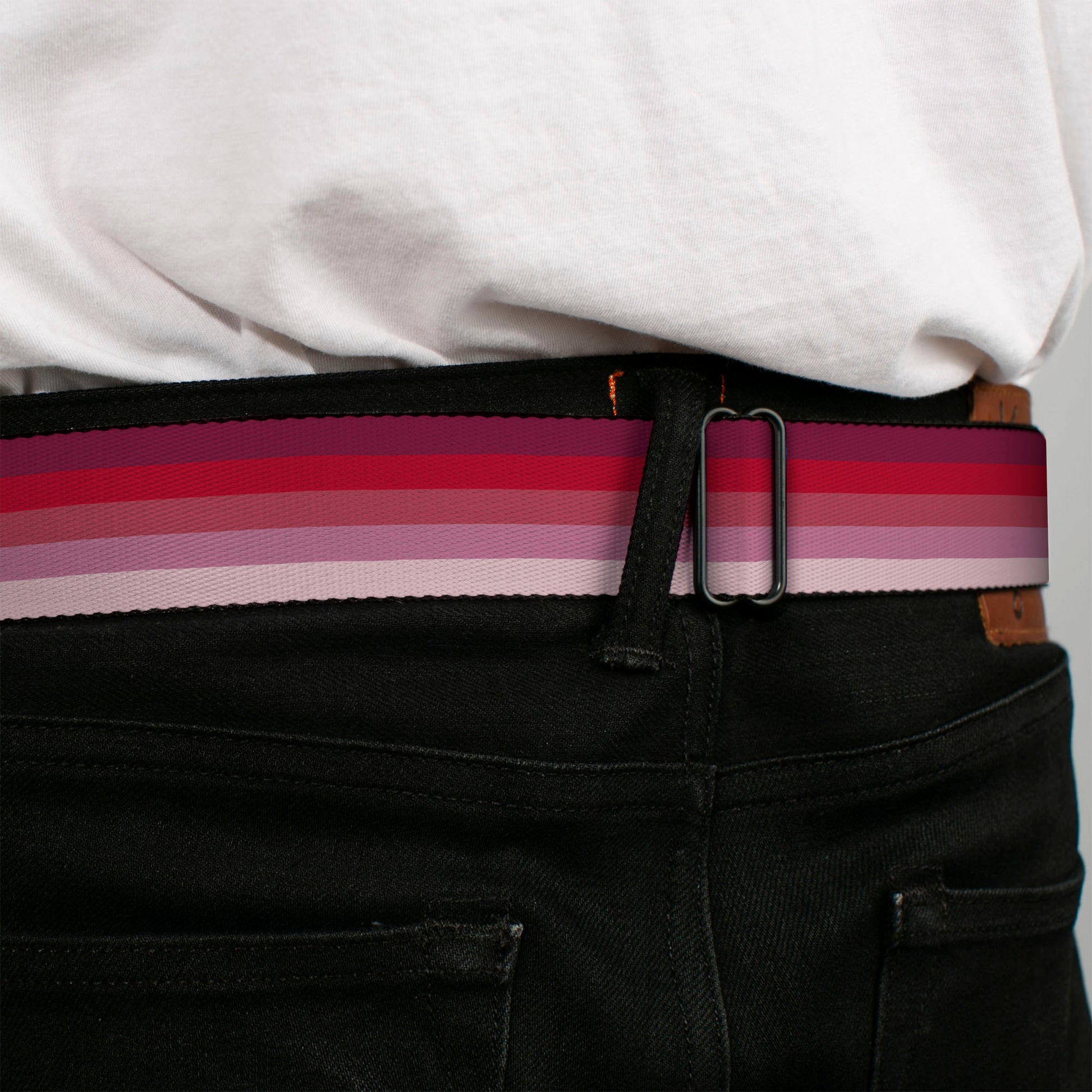 BD Wings Logo CLOSE-UP Full Color Black Silver Seatbelt Belt - Spectrum Pink Webbing Seatbelt Belts Buckle-Down