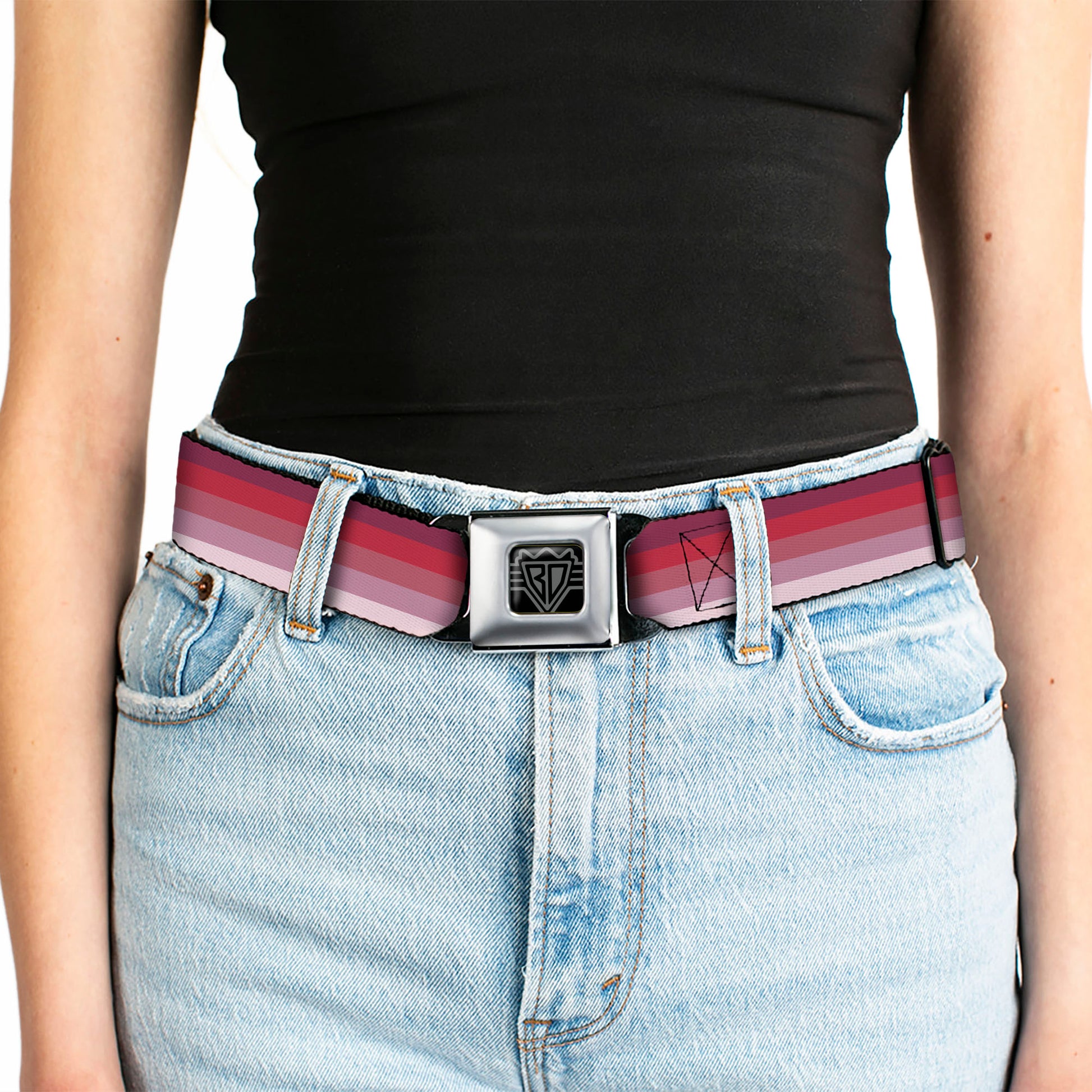 BD Wings Logo CLOSE-UP Full Color Black Silver Seatbelt Belt - Spectrum Pink Webbing Seatbelt Belts Buckle-Down