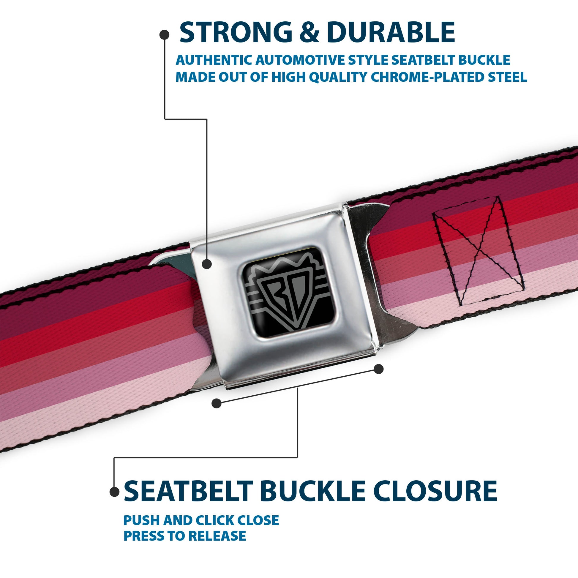 BD Wings Logo CLOSE-UP Full Color Black Silver Seatbelt Belt - Spectrum Pink Webbing Seatbelt Belts Buckle-Down