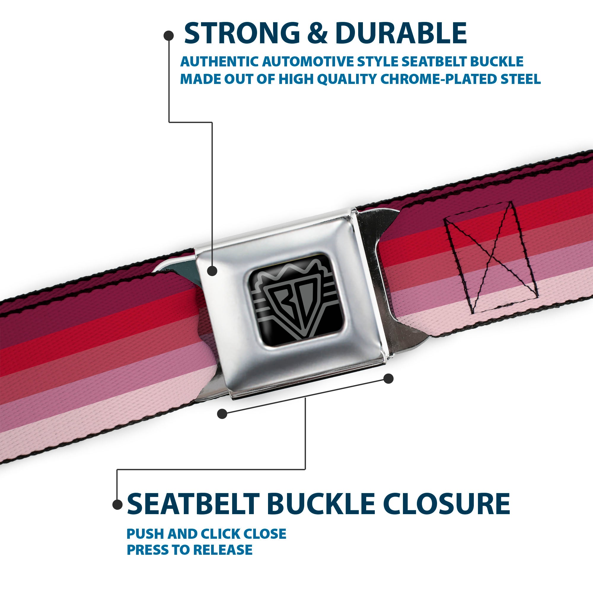 BD Wings Logo CLOSE-UP Full Color Black Silver Seatbelt Belt - Spectrum Pink Webbing Seatbelt Belts Buckle-Down