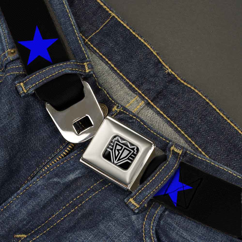BD Wings Logo CLOSE-UP Full Color Black Silver Seatbelt Belt - Star Black/Blue Webbing Seatbelt Belts Buckle-Down