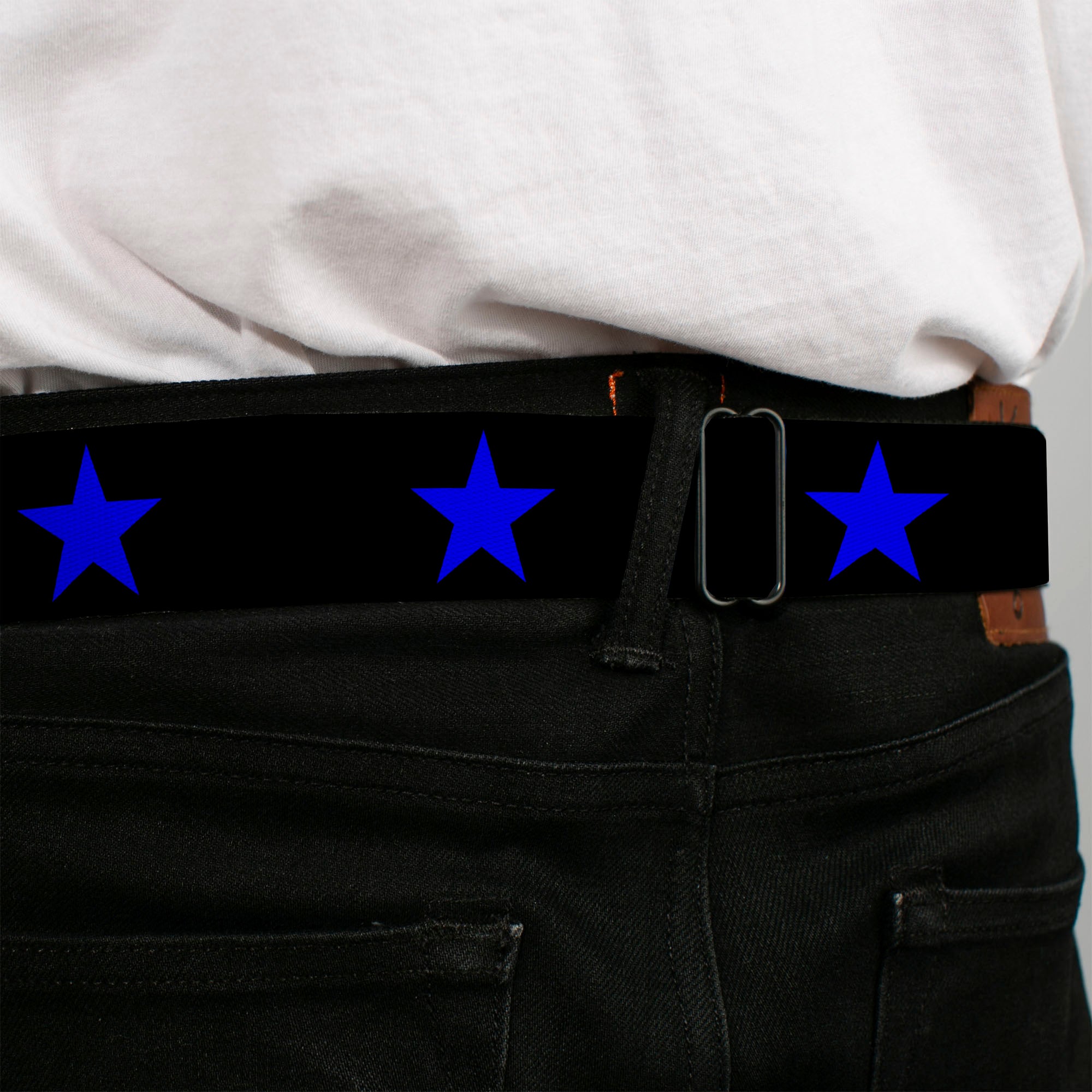 BD Wings Logo CLOSE-UP Full Color Black Silver Seatbelt Belt - Star Black/Blue Webbing Seatbelt Belts Buckle-Down