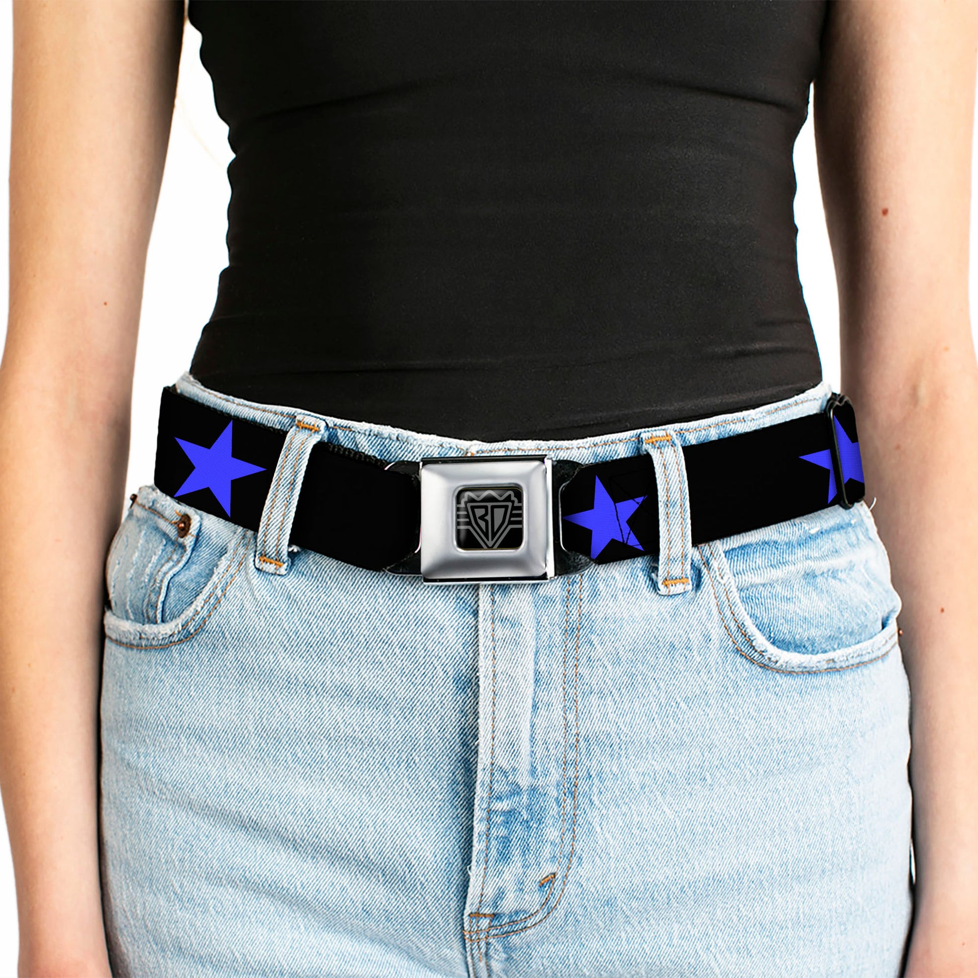 BD Wings Logo CLOSE-UP Full Color Black Silver Seatbelt Belt - Star Black/Blue Webbing Seatbelt Belts Buckle-Down