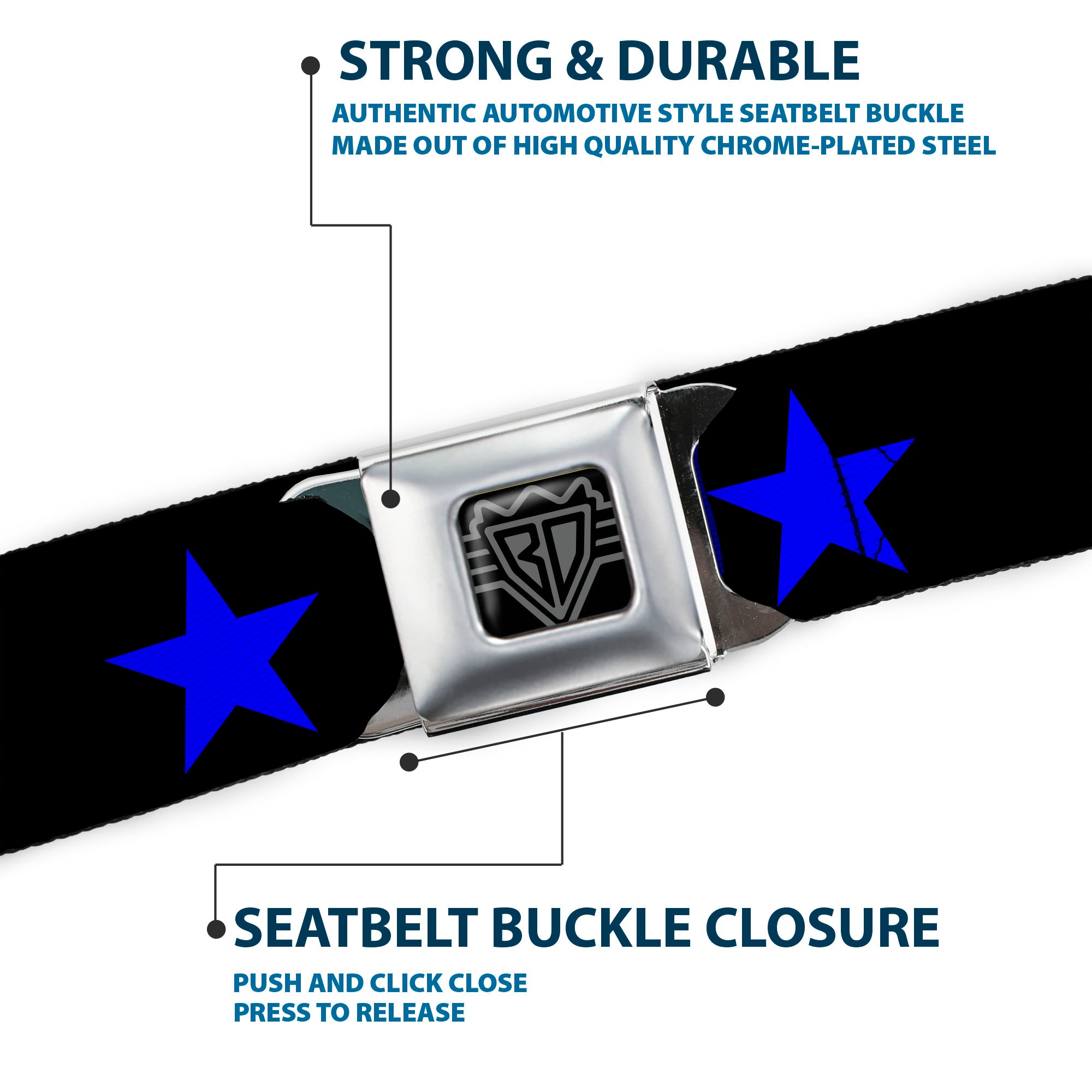BD Wings Logo CLOSE-UP Full Color Black Silver Seatbelt Belt - Star Black/Blue Webbing Seatbelt Belts Buckle-Down