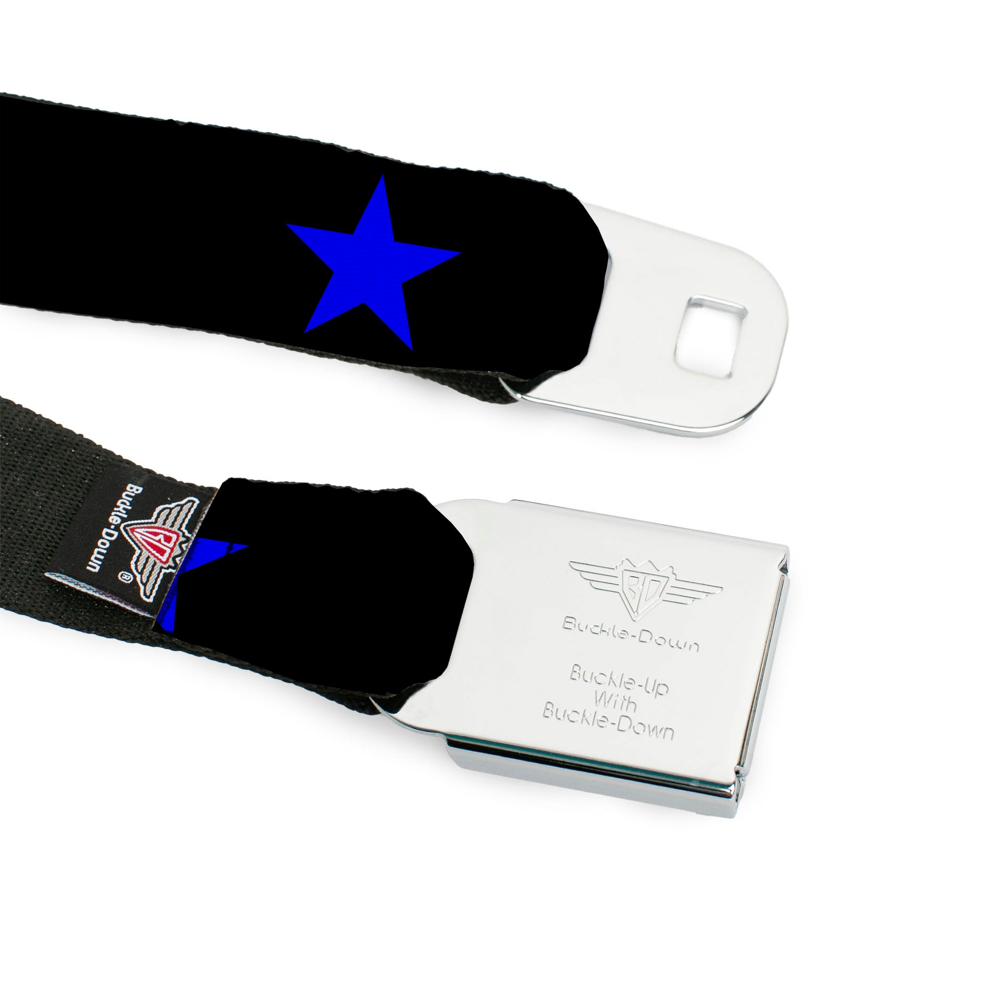 BD Wings Logo CLOSE-UP Full Color Black Silver Seatbelt Belt - Star Black/Blue Webbing Seatbelt Belts Buckle-Down