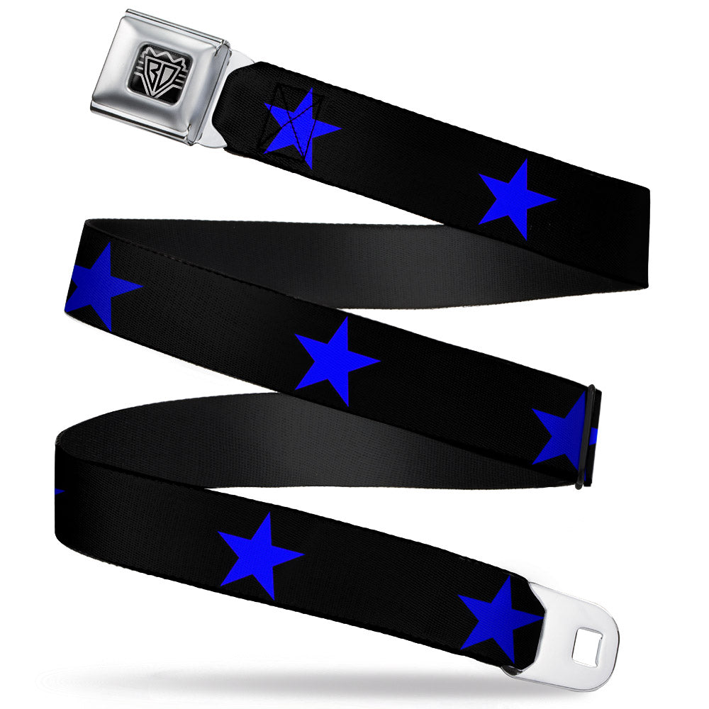 BD Wings Logo CLOSE-UP Full Color Black Silver Seatbelt Belt - Star Black/Blue Webbing Seatbelt Belts Buckle-Down