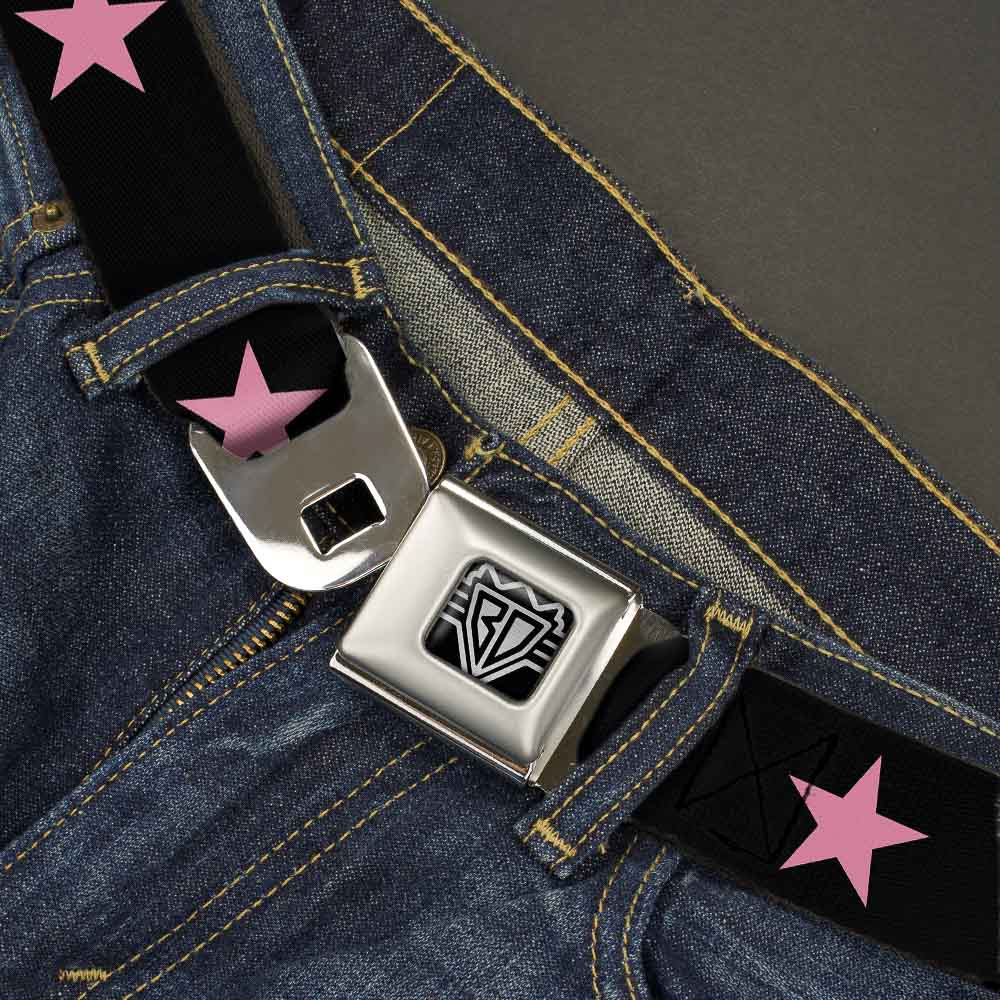 BD Wings Logo CLOSE-UP Full Color Black Silver Seatbelt Belt - Star Black/Pink Webbing Seatbelt Belts Buckle-Down