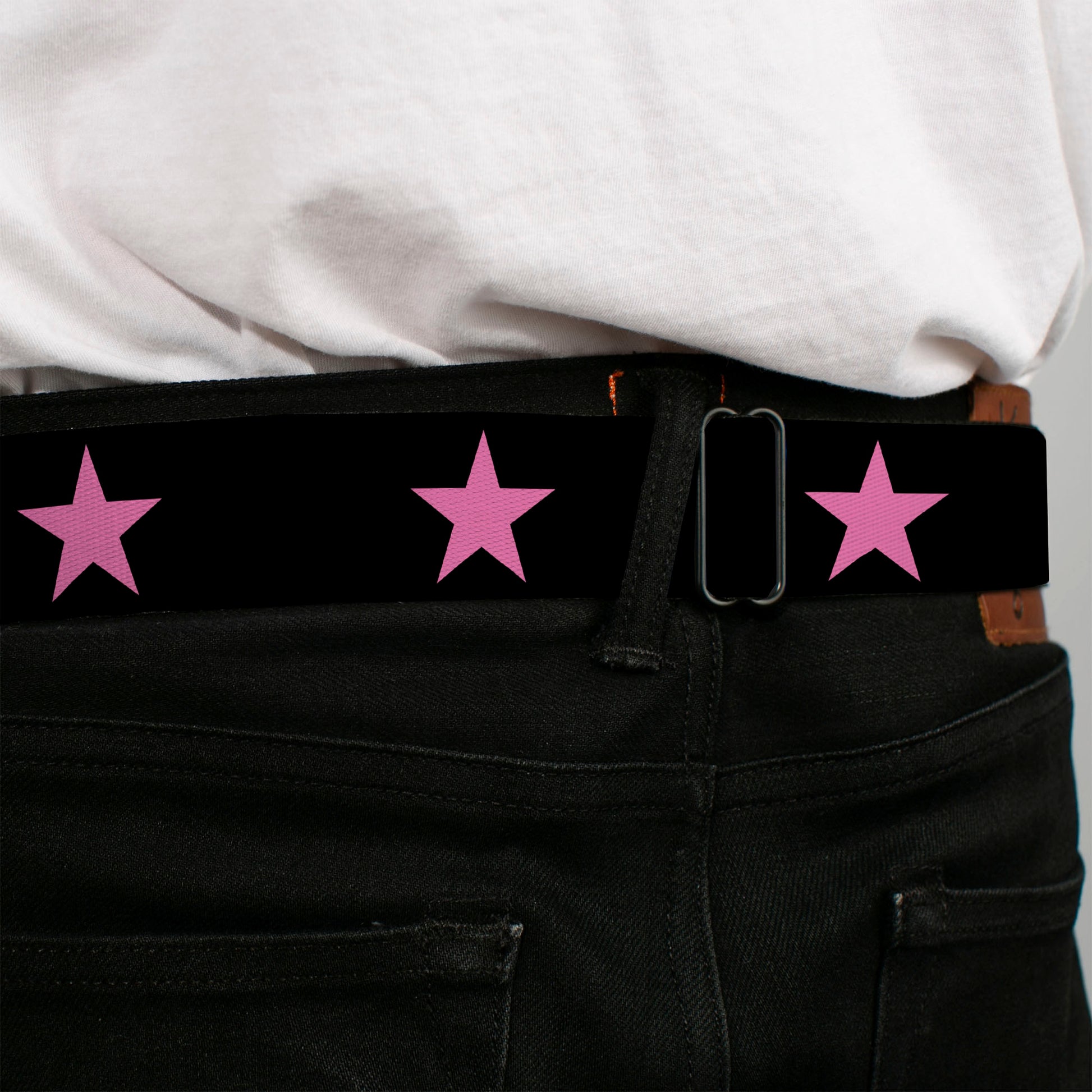 BD Wings Logo CLOSE-UP Full Color Black Silver Seatbelt Belt - Star Black/Pink Webbing Seatbelt Belts Buckle-Down