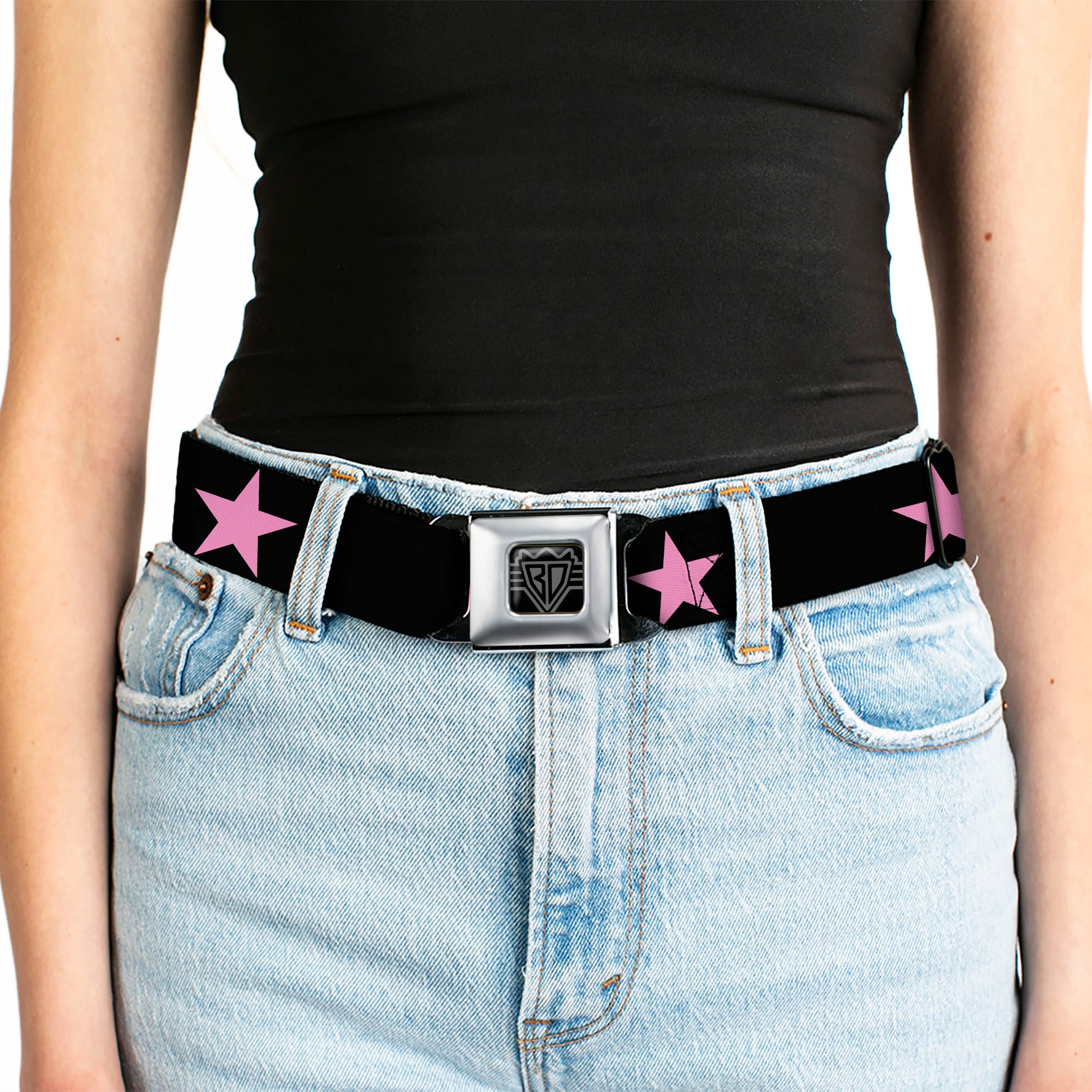BD Wings Logo CLOSE-UP Full Color Black Silver Seatbelt Belt - Star Black/Pink Webbing Seatbelt Belts Buckle-Down