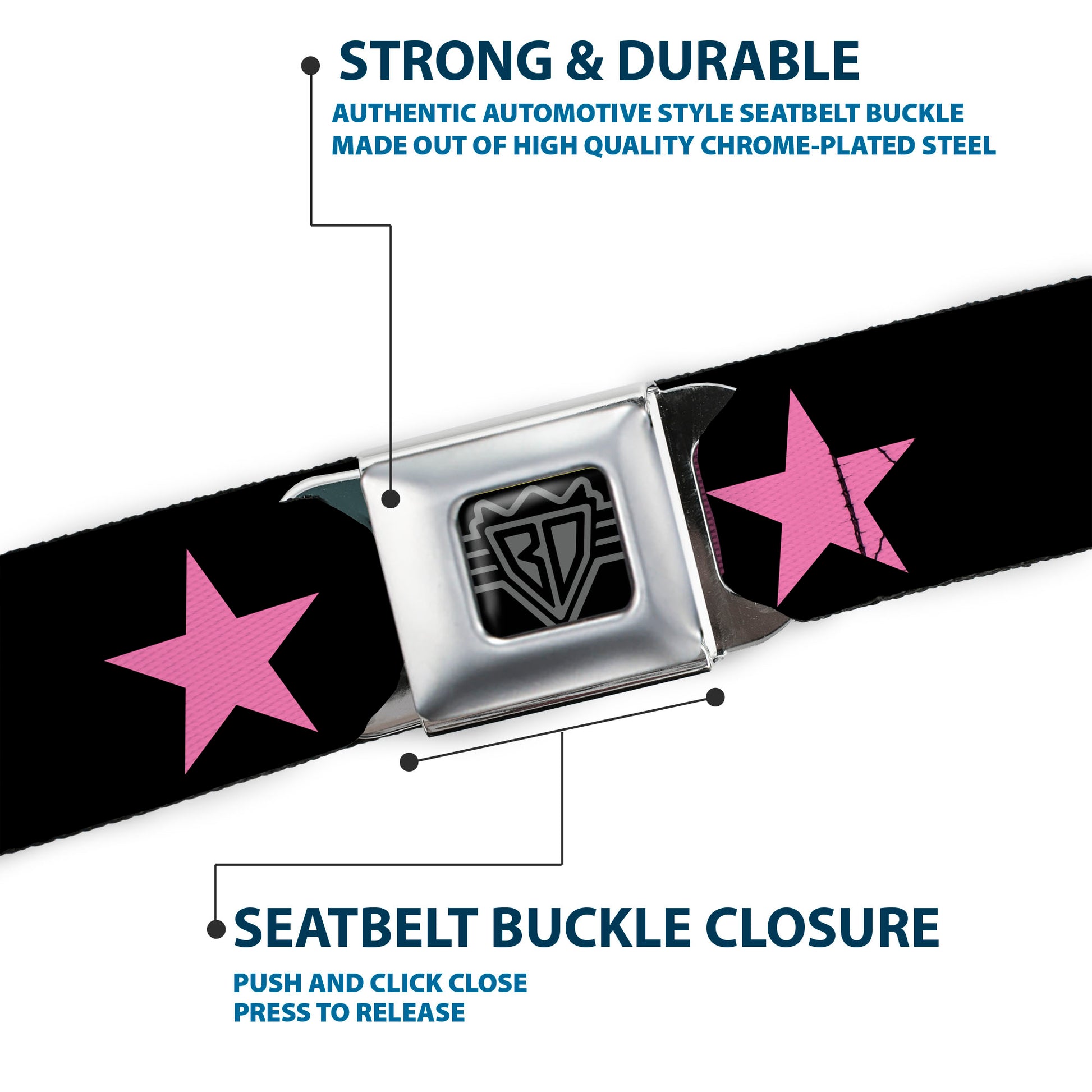 BD Wings Logo CLOSE-UP Full Color Black Silver Seatbelt Belt - Star Black/Pink Webbing Seatbelt Belts Buckle-Down