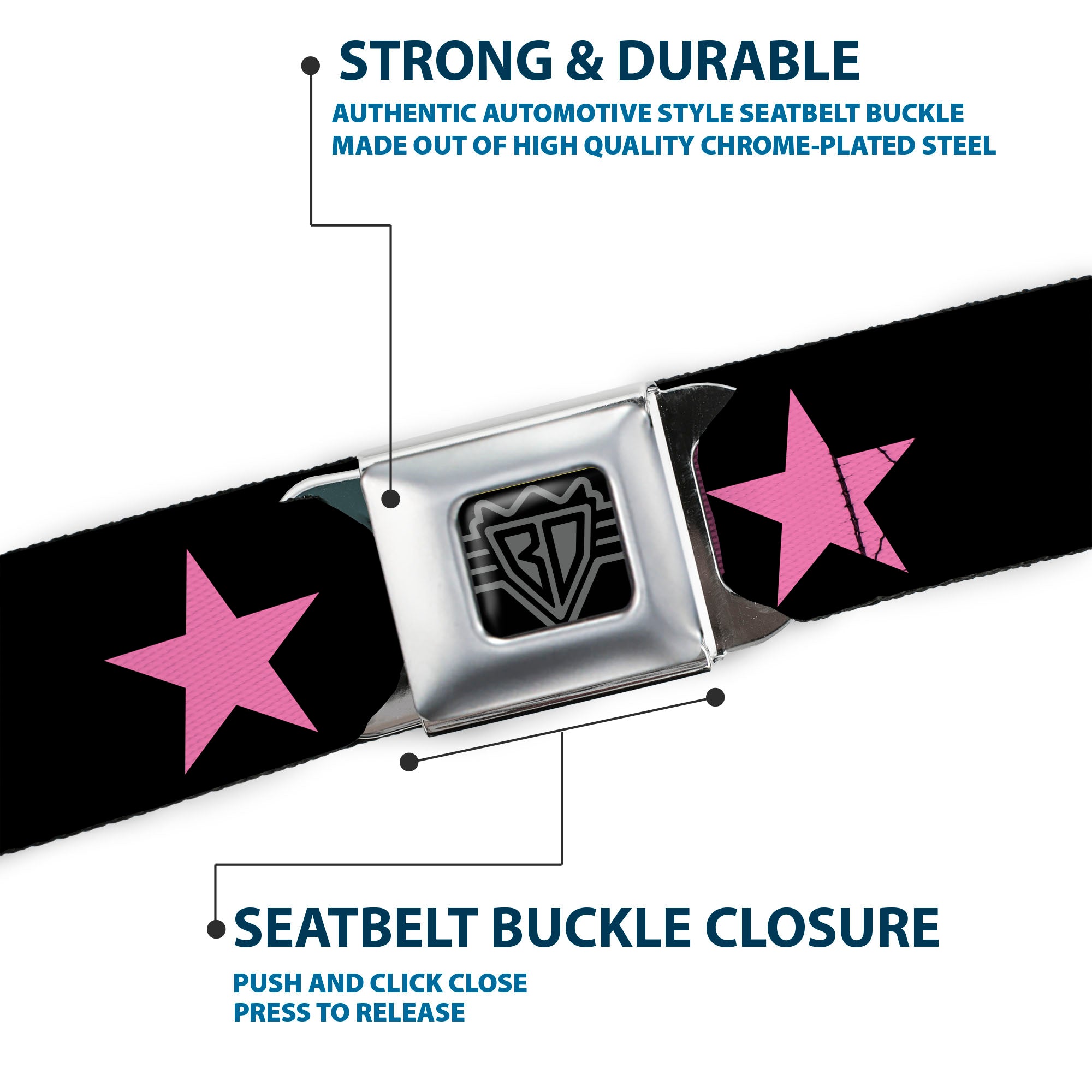 BD Wings Logo CLOSE-UP Full Color Black Silver Seatbelt Belt - Star Black/Pink Webbing Seatbelt Belts Buckle-Down