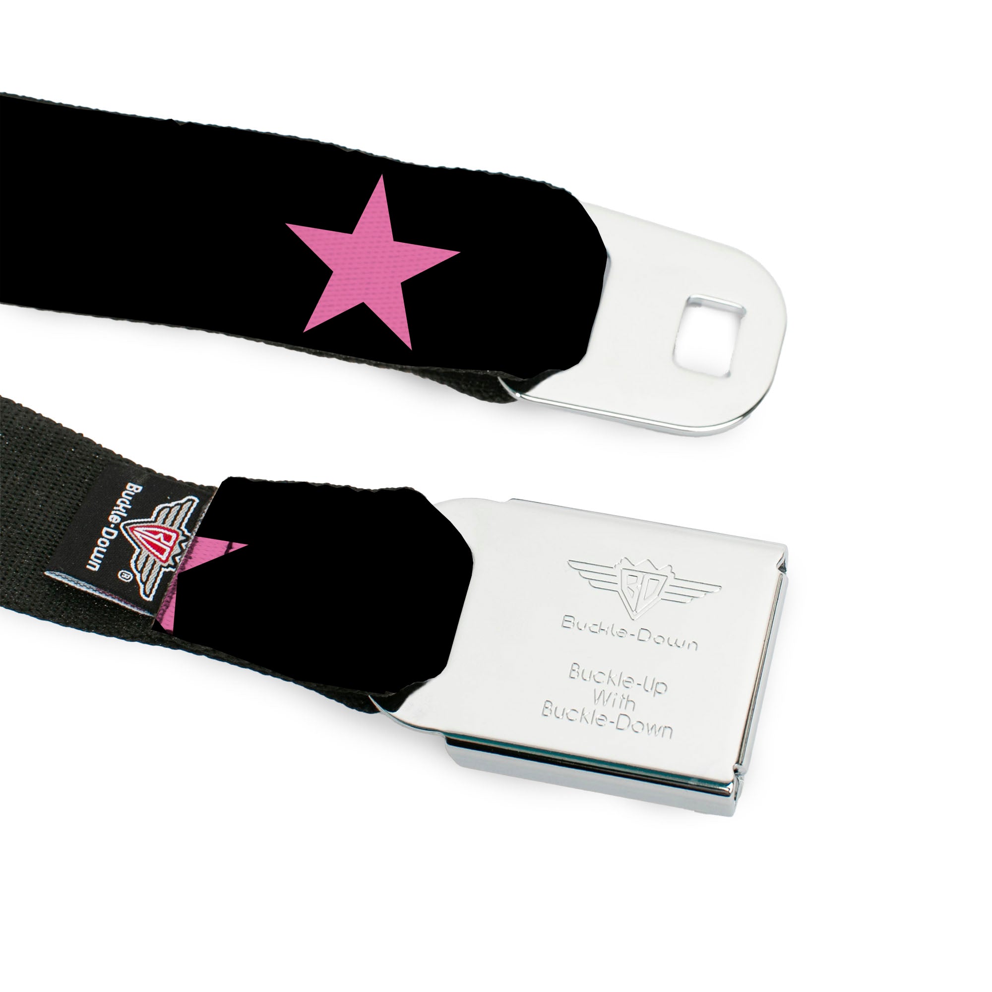 BD Wings Logo CLOSE-UP Full Color Black Silver Seatbelt Belt - Star Black/Pink Webbing Seatbelt Belts Buckle-Down