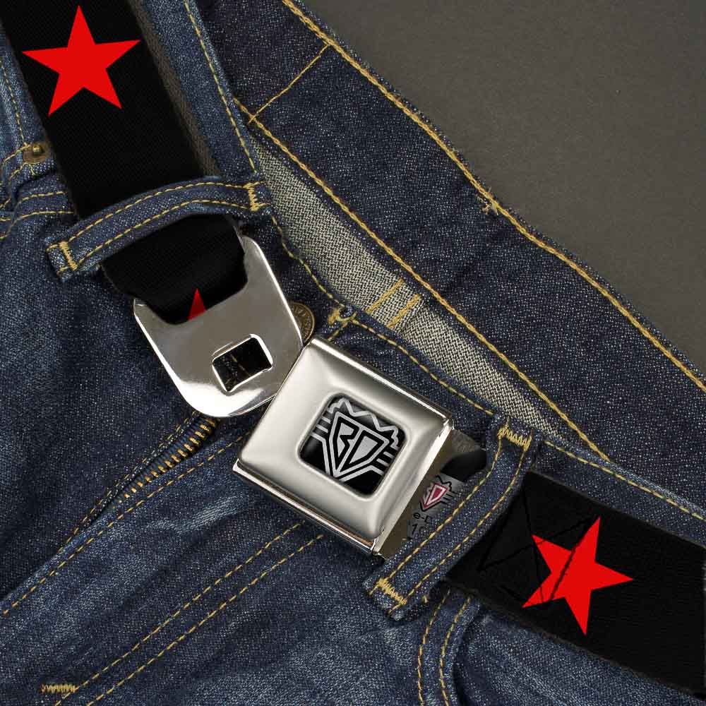 BD Wings Logo CLOSE-UP Full Color Black Silver Seatbelt Belt - Star Black/Red Webbing Seatbelt Belts Buckle-Down