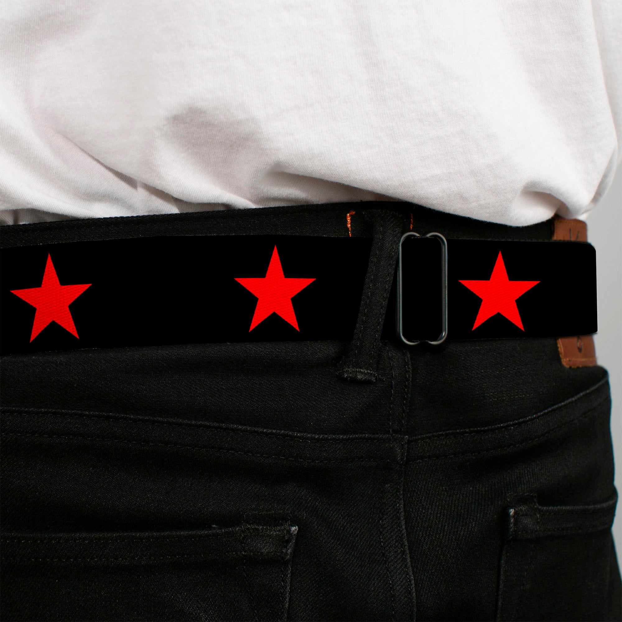 BD Wings Logo CLOSE-UP Full Color Black Silver Seatbelt Belt - Star Black/Red Webbing Seatbelt Belts Buckle-Down