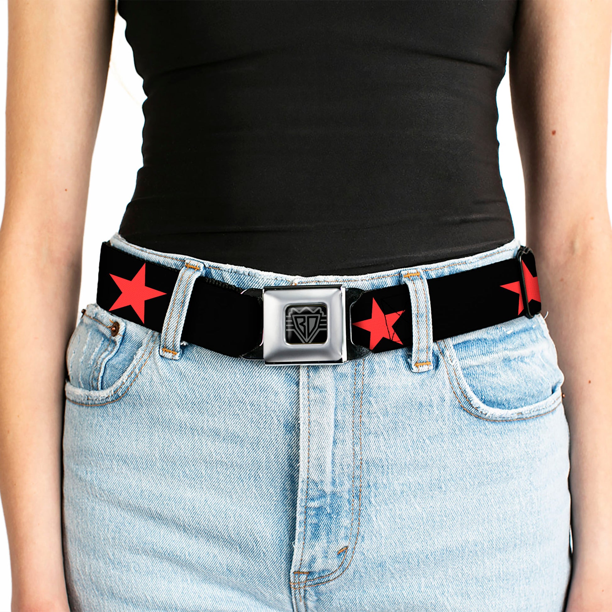 BD Wings Logo CLOSE-UP Full Color Black Silver Seatbelt Belt - Star Black/Red Webbing Seatbelt Belts Buckle-Down