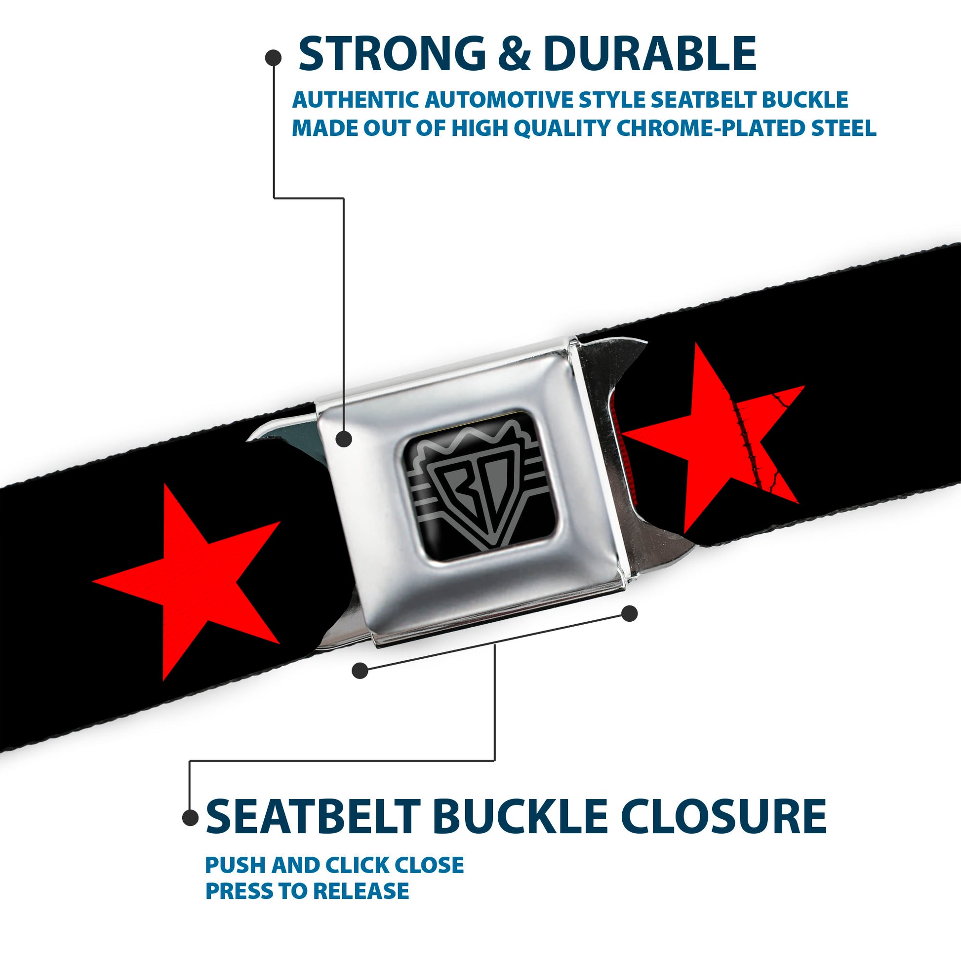 BD Wings Logo CLOSE-UP Full Color Black Silver Seatbelt Belt - Star Black/Red Webbing Seatbelt Belts Buckle-Down