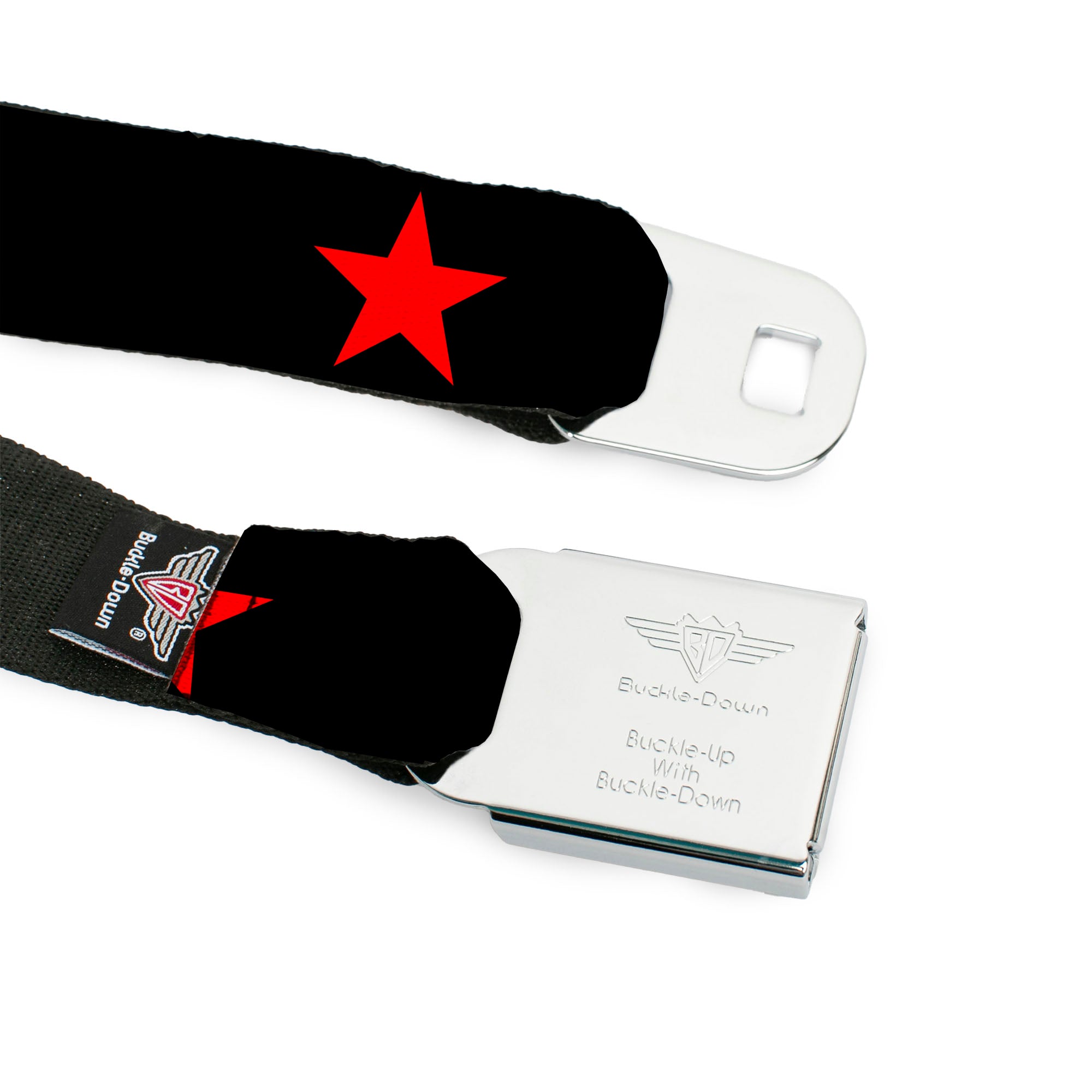 BD Wings Logo CLOSE-UP Full Color Black Silver Seatbelt Belt - Star Black/Red Webbing Seatbelt Belts Buckle-Down