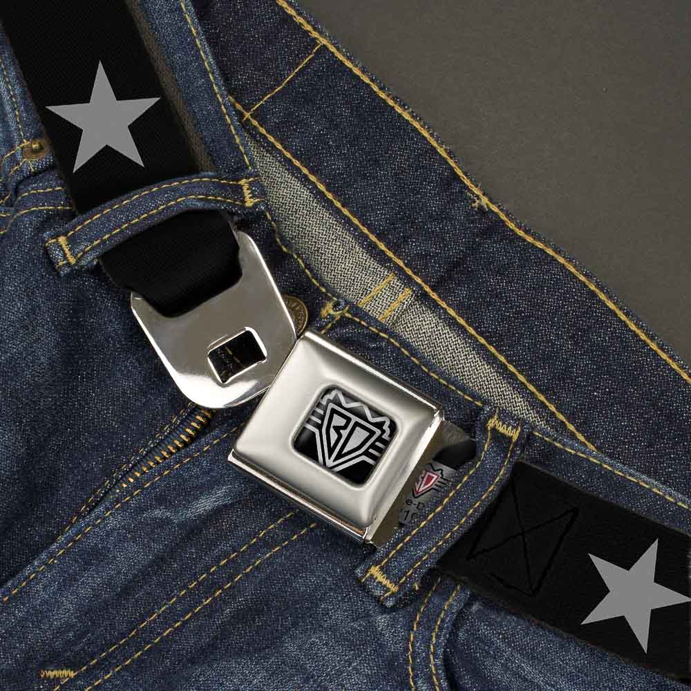 BD Wings Logo CLOSE-UP Full Color Black Silver Seatbelt Belt - Star Black/Silver Webbing Seatbelt Belts Buckle-Down