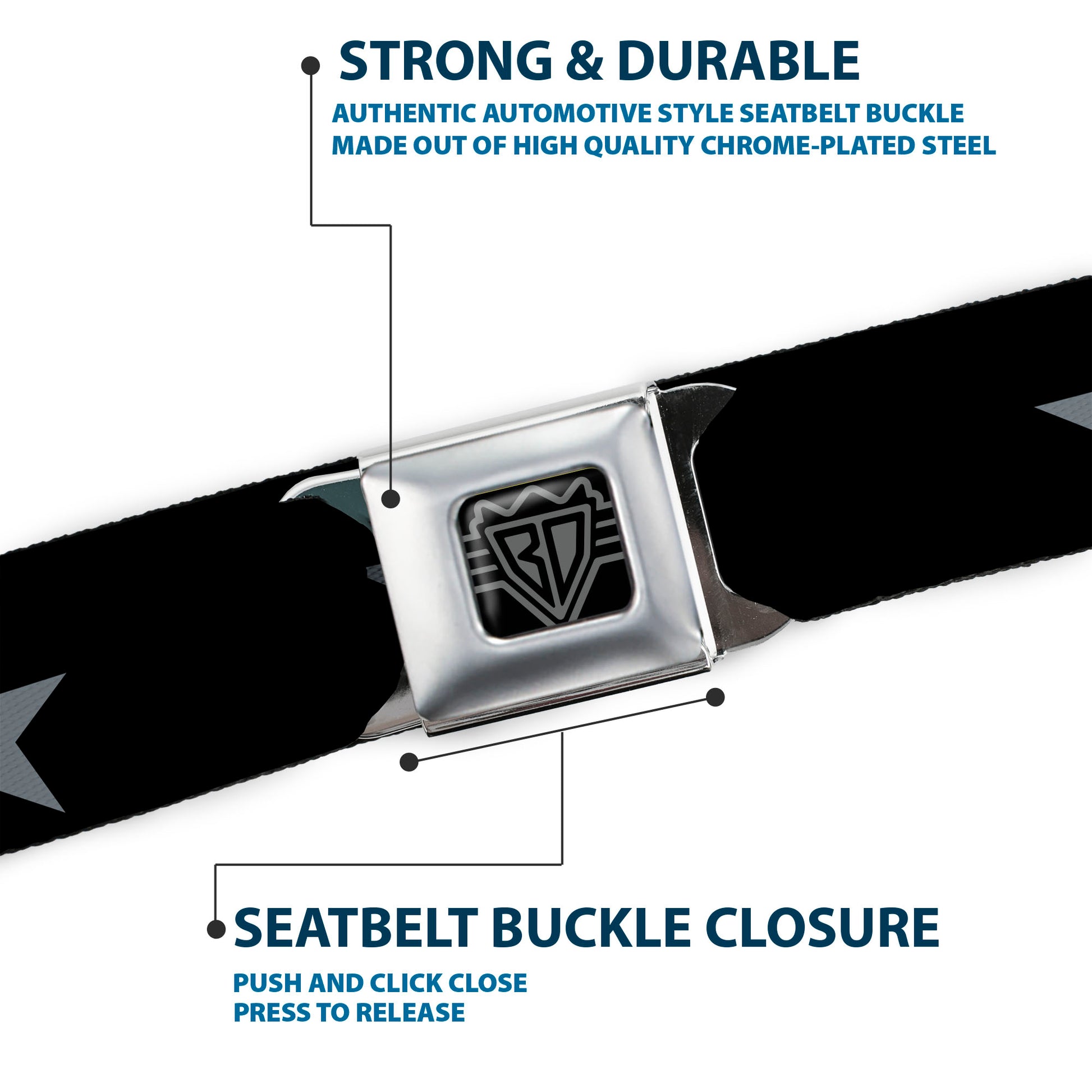 BD Wings Logo CLOSE-UP Full Color Black Silver Seatbelt Belt - Star Black/Silver Webbing Seatbelt Belts Buckle-Down