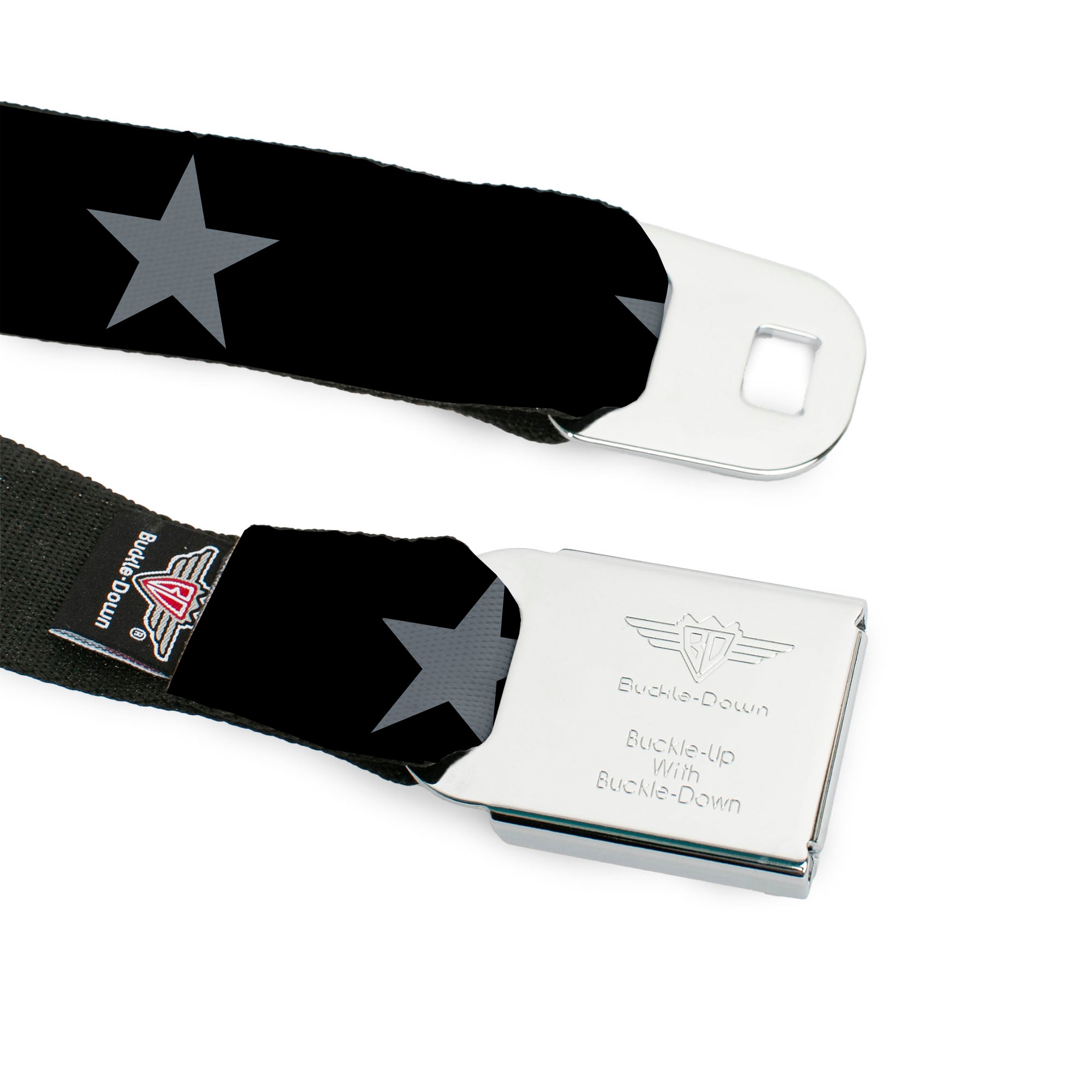 BD Wings Logo CLOSE-UP Full Color Black Silver Seatbelt Belt - Star Black/Silver Webbing Seatbelt Belts Buckle-Down