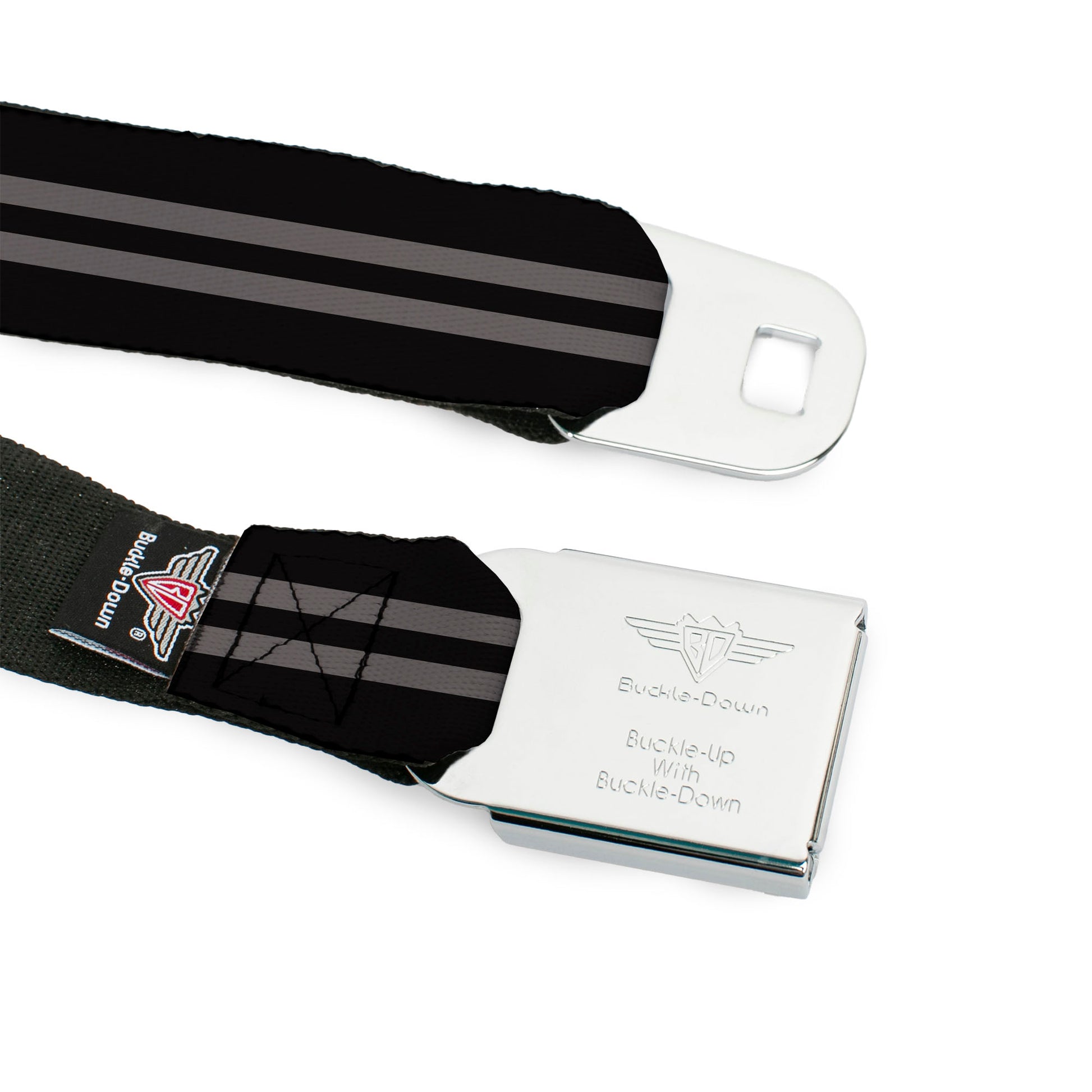 BD Wings Logo CLOSE-UP Full Color Black Silver Seatbelt Belt - Stripe Black/Gray Webbing Seatbelt Belts Buckle-Down