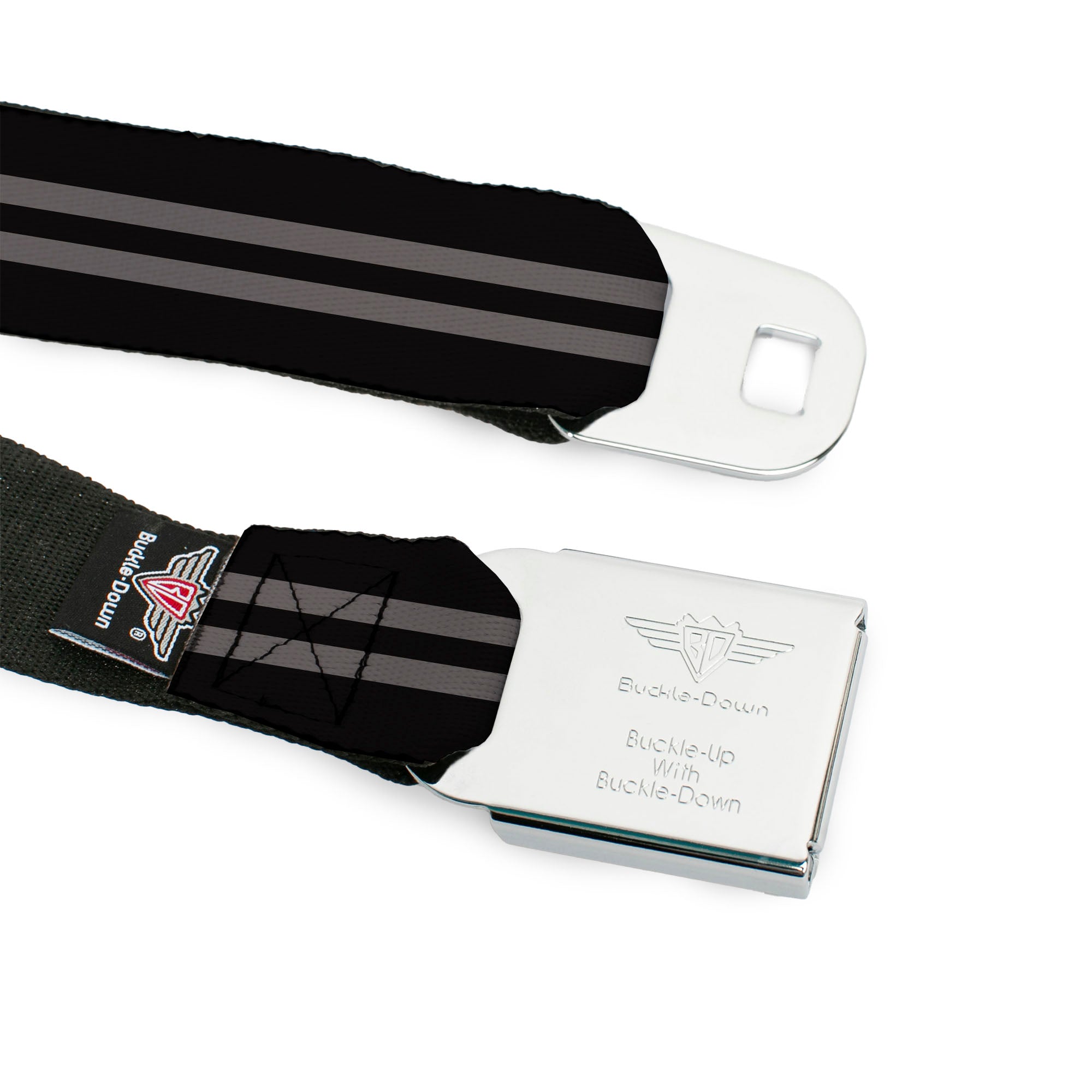 BD Wings Logo CLOSE-UP Full Color Black Silver Seatbelt Belt - Stripe Black/Gray Webbing Seatbelt Belts Buckle-Down