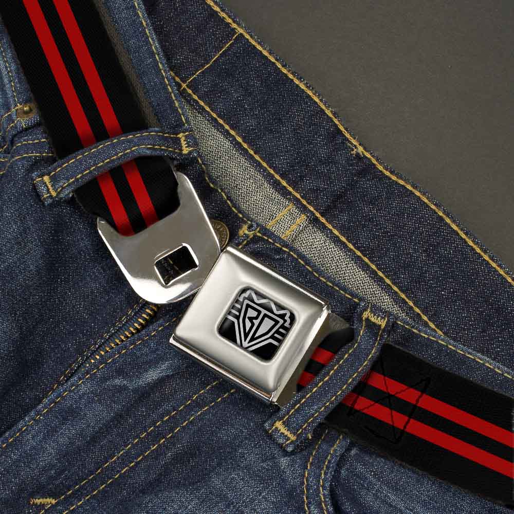 BD Wings Logo CLOSE-UP Full Color Black Silver Seatbelt Belt - Stripe Black/Red Webbing Seatbelt Belts Buckle-Down