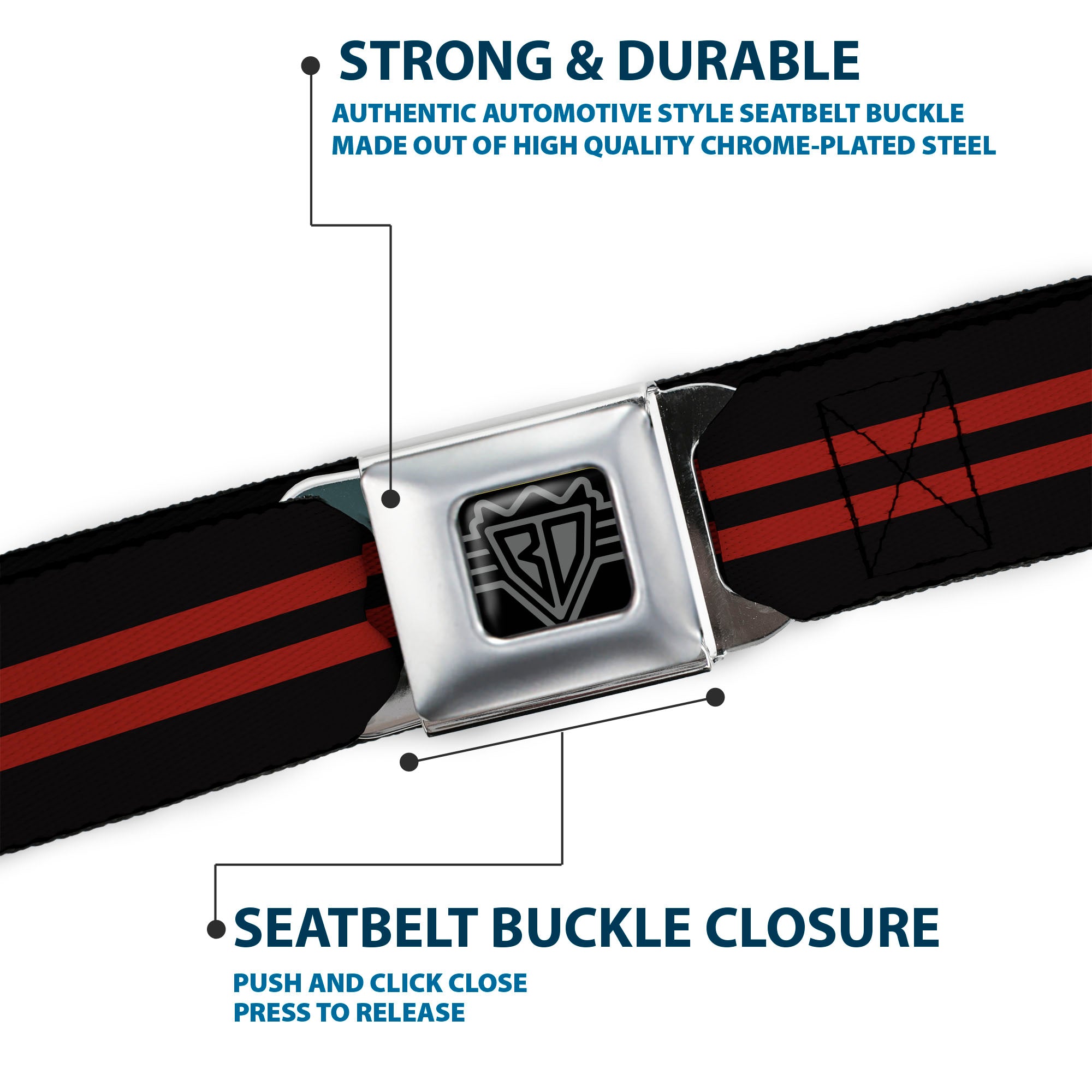 BD Wings Logo CLOSE-UP Full Color Black Silver Seatbelt Belt - Stripe Black/Red Webbing Seatbelt Belts Buckle-Down