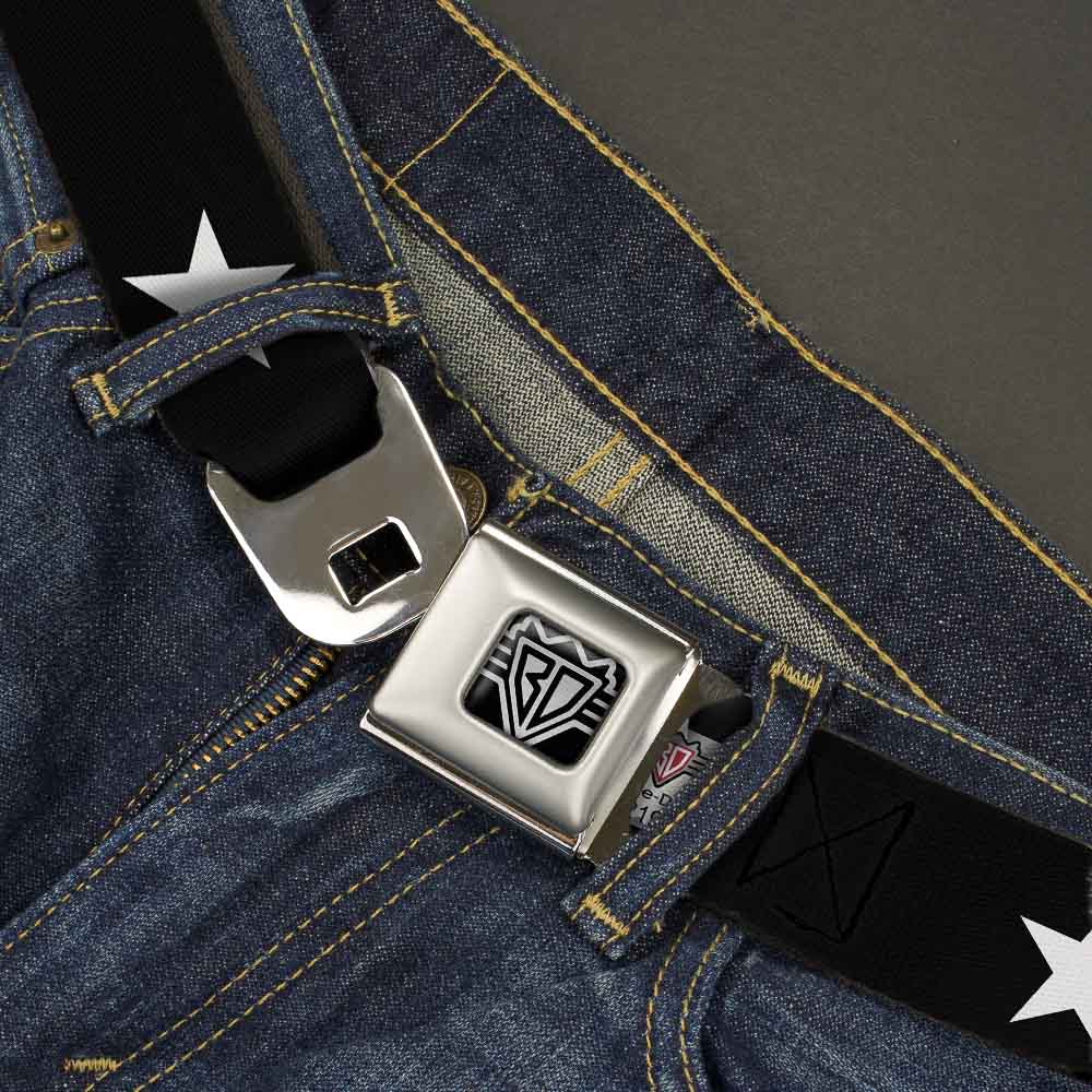 BD Wings Logo CLOSE-UP Full Color Black Silver Seatbelt Belt - Star Black/White Webbing Seatbelt Belts Buckle-Down