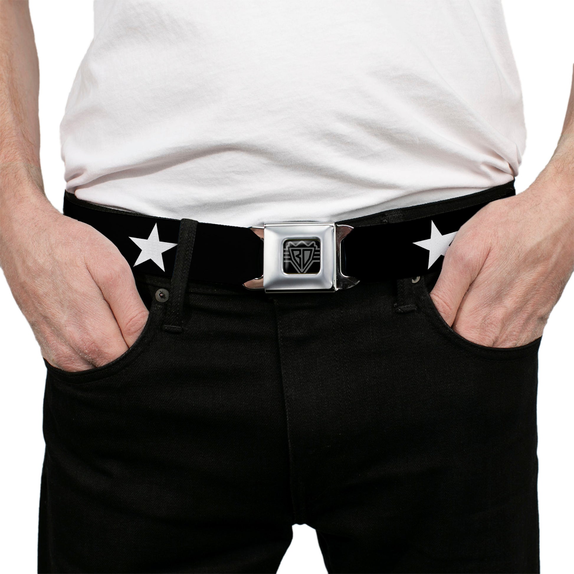 BD Wings Logo CLOSE-UP Full Color Black Silver Seatbelt Belt - Star Black/White Webbing Seatbelt Belts Buckle-Down