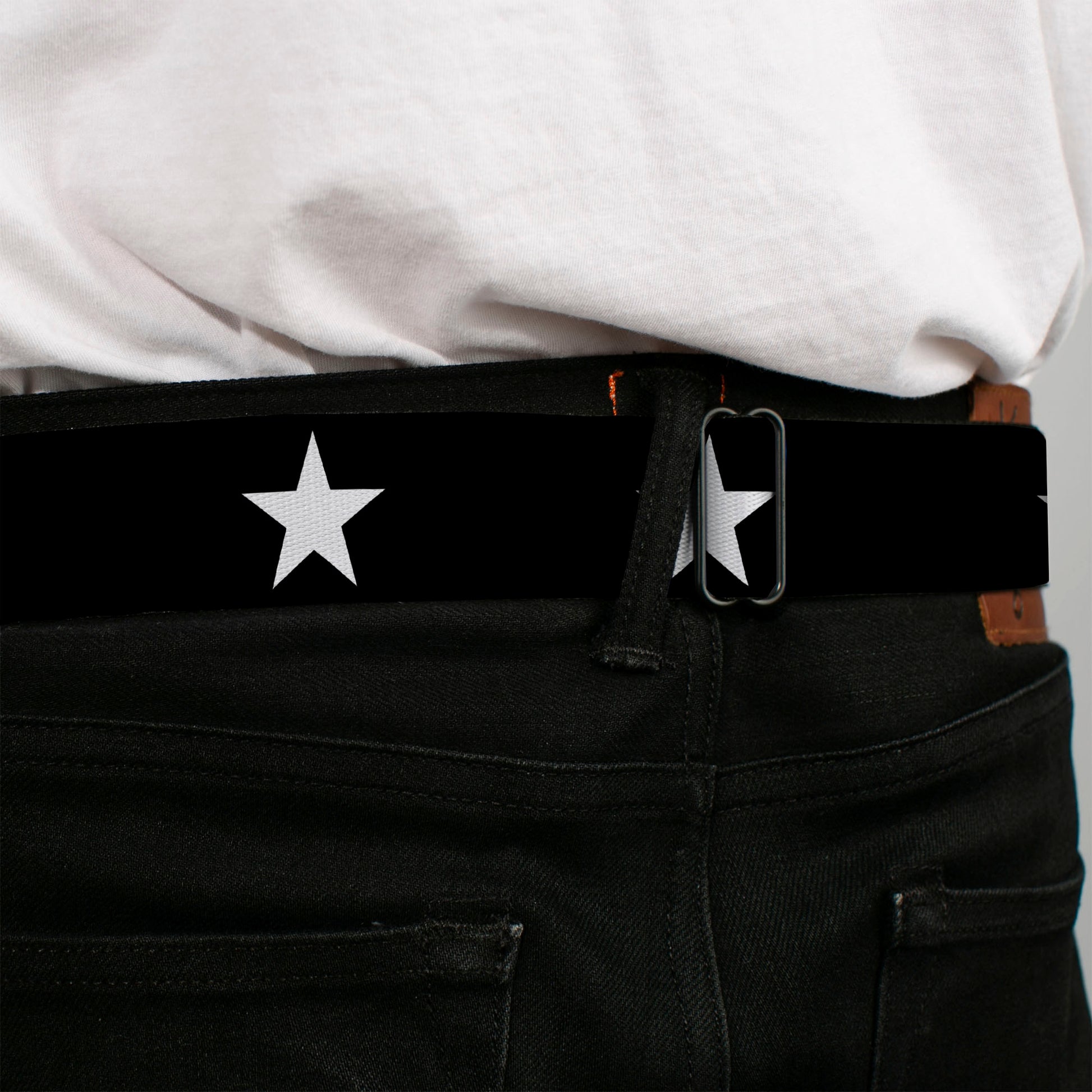 BD Wings Logo CLOSE-UP Full Color Black Silver Seatbelt Belt - Star Black/White Webbing Seatbelt Belts Buckle-Down