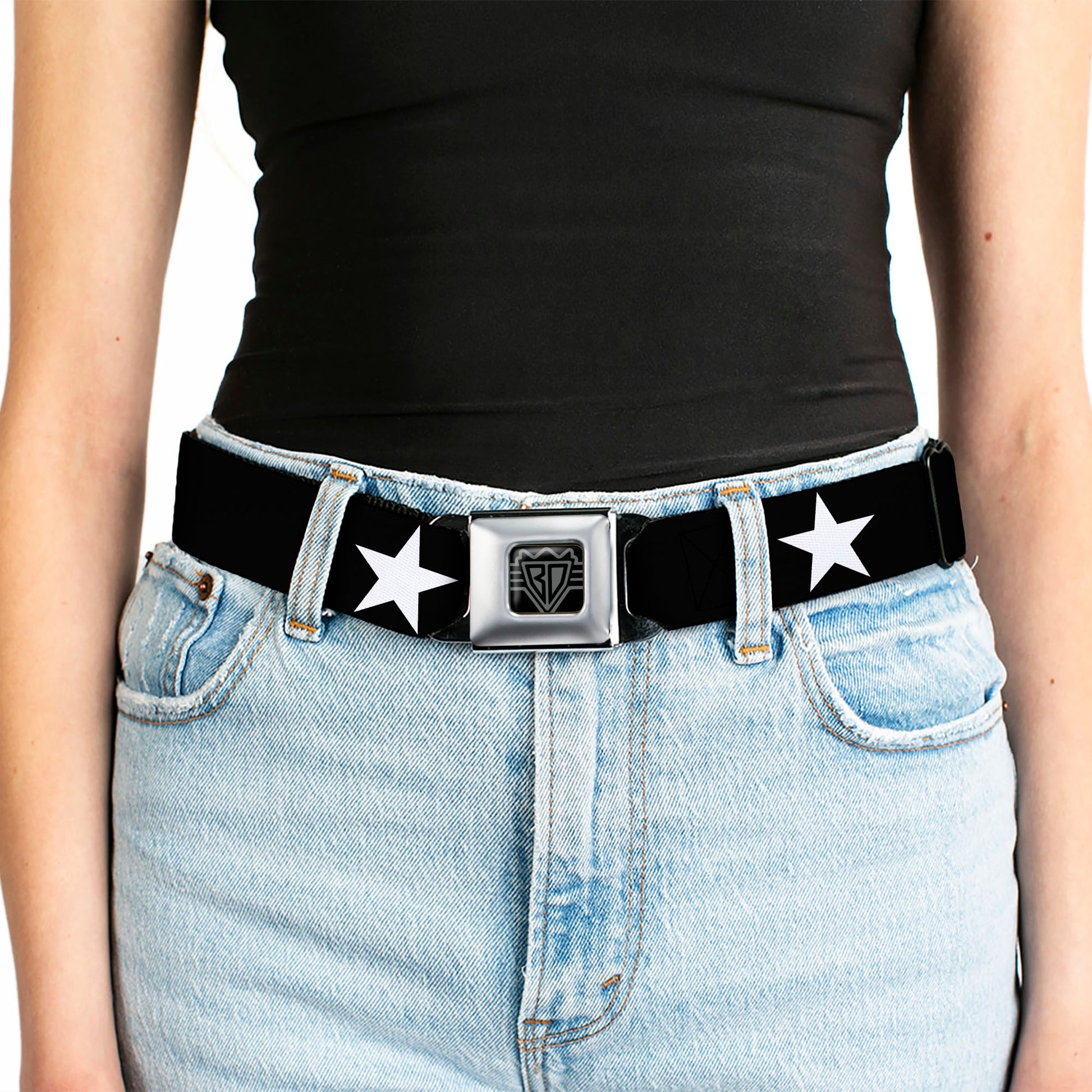 BD Wings Logo CLOSE-UP Full Color Black Silver Seatbelt Belt - Star Black/White Webbing Seatbelt Belts Buckle-Down