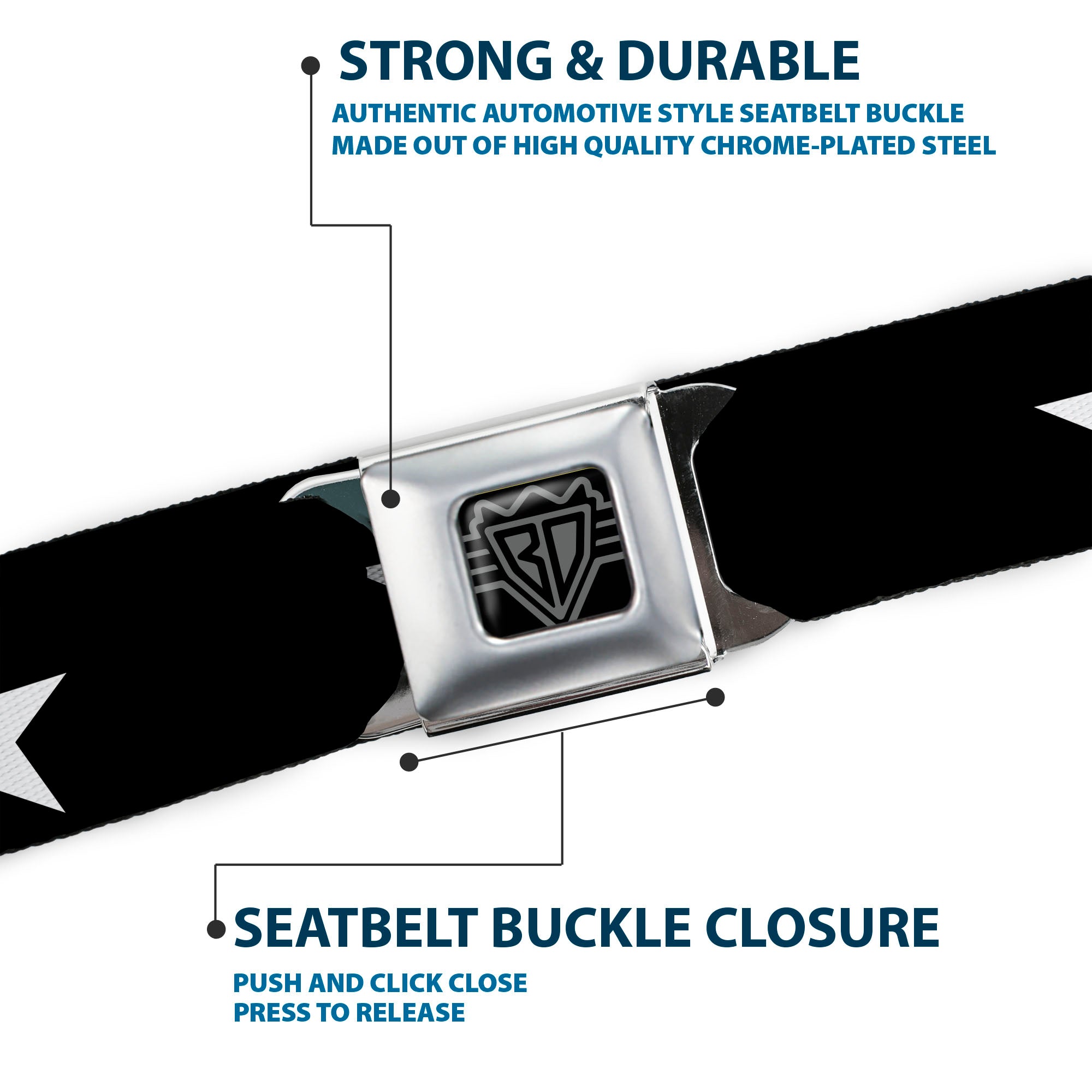 BD Wings Logo CLOSE-UP Full Color Black Silver Seatbelt Belt - Star Black/White Webbing Seatbelt Belts Buckle-Down
