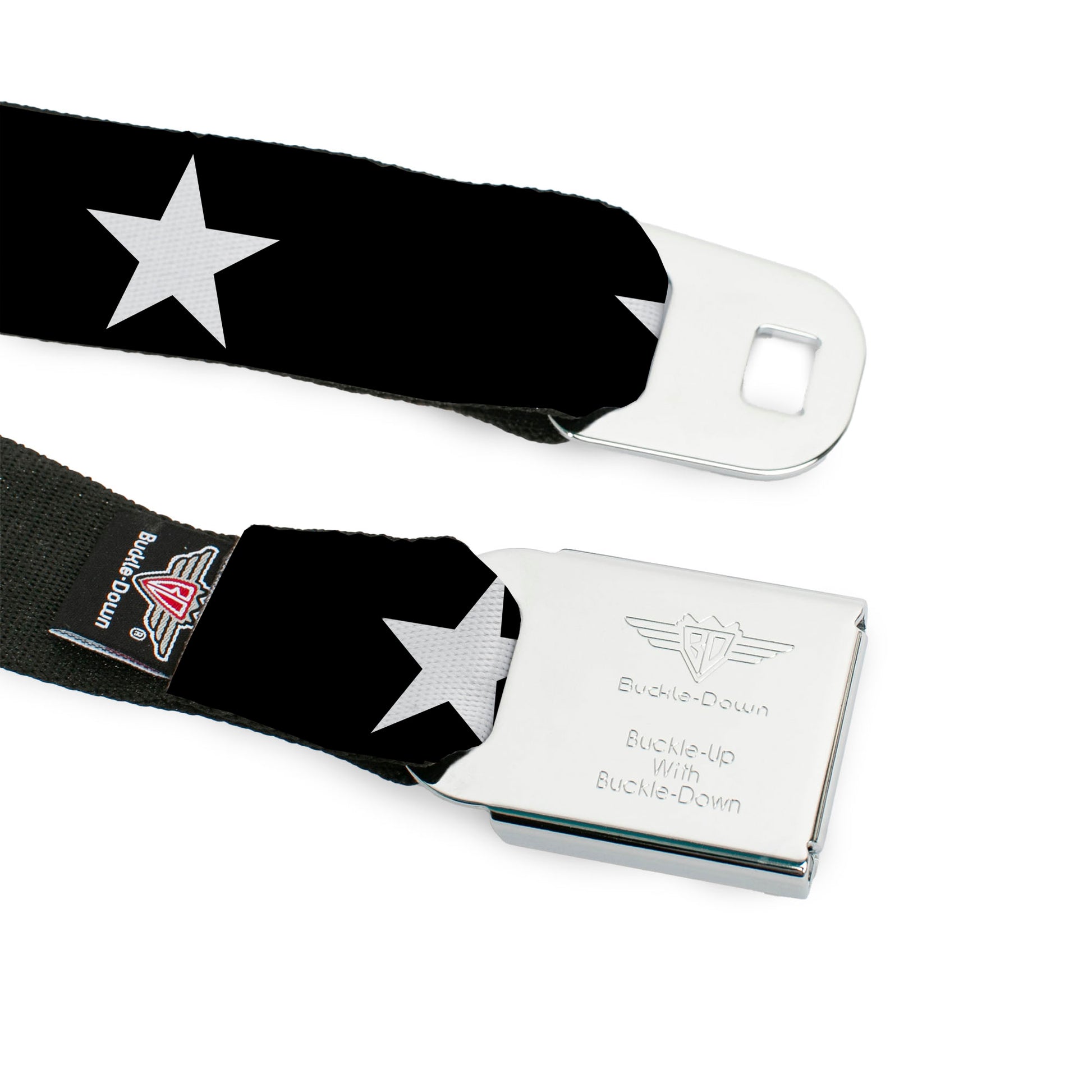 BD Wings Logo CLOSE-UP Full Color Black Silver Seatbelt Belt - Star Black/White Webbing Seatbelt Belts Buckle-Down