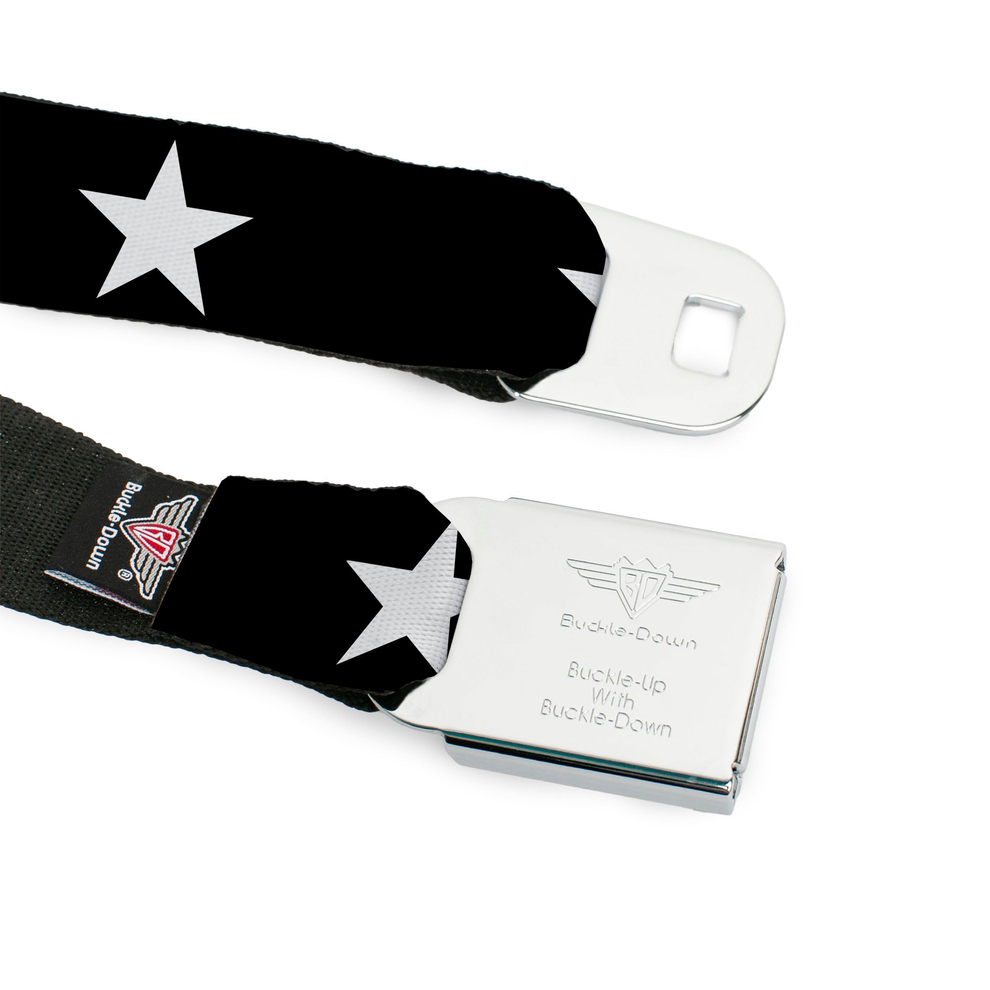 BD Wings Logo CLOSE-UP Full Color Black Silver Seatbelt Belt - Star Black/White Webbing Seatbelt Belts Buckle-Down