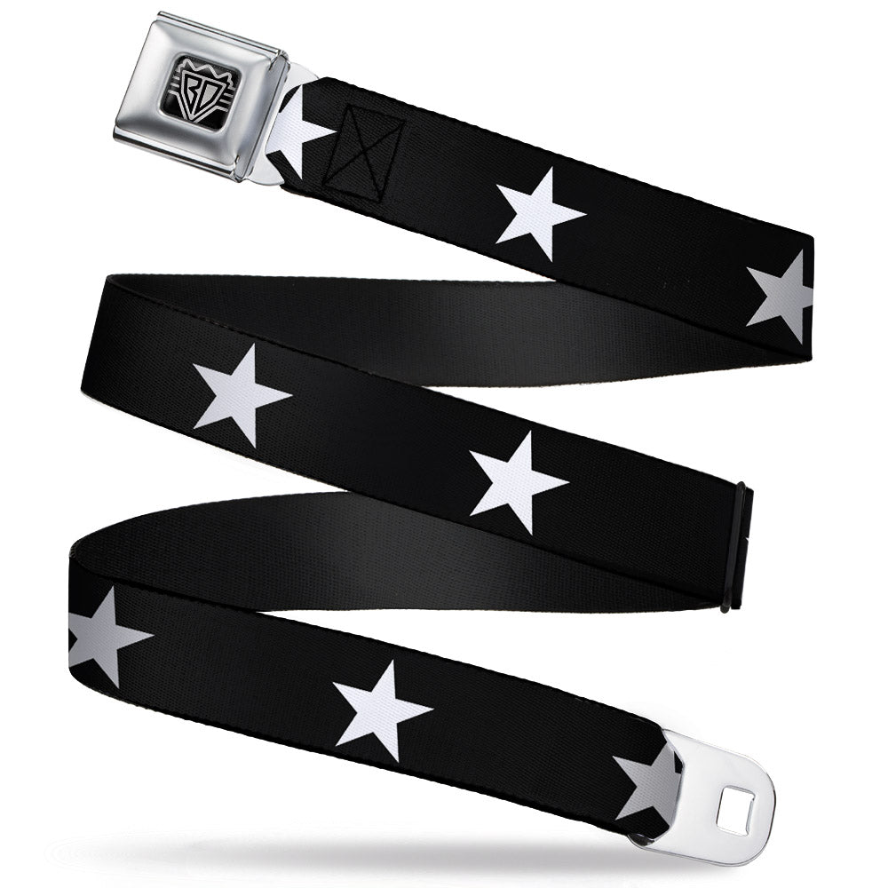 BD Wings Logo CLOSE-UP Full Color Black Silver Seatbelt Belt - Star Black/White Webbing Seatbelt Belts Buckle-Down