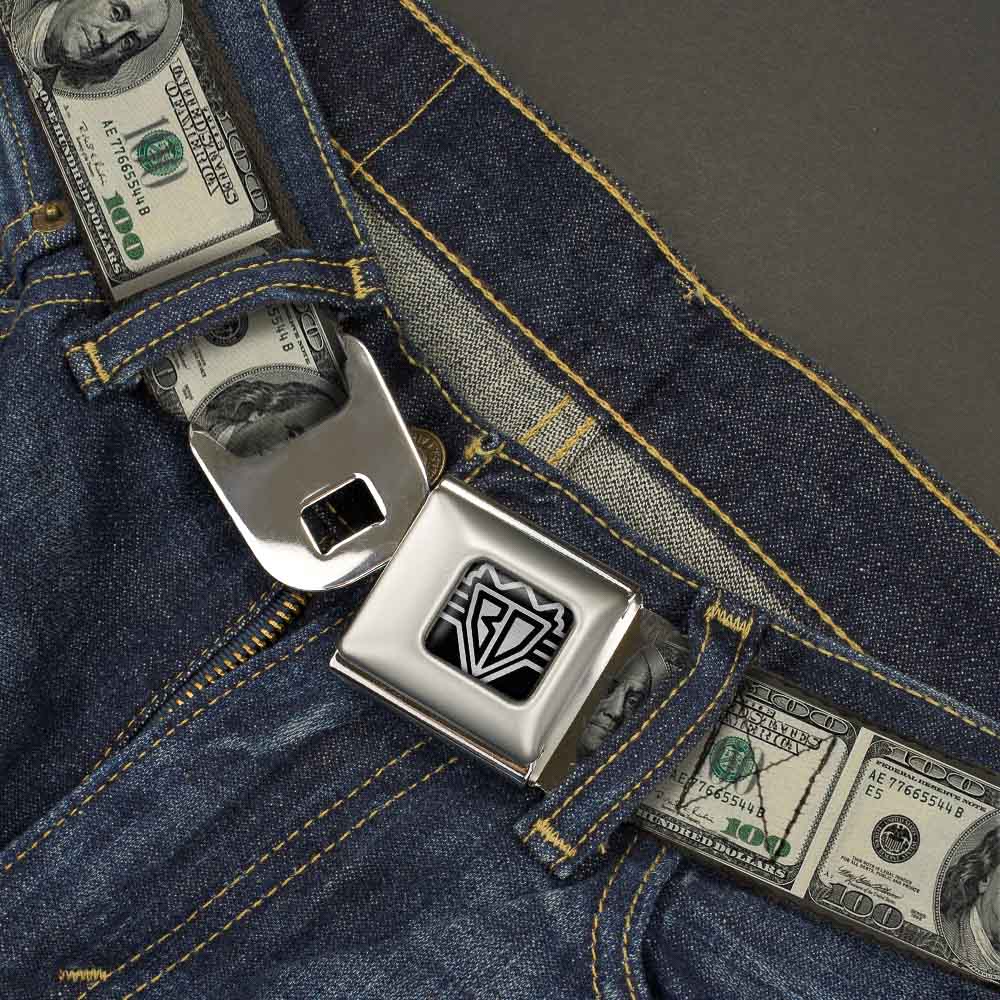 BD Wings Logo CLOSE-UP Full Color Black Silver Seatbelt Belt - 100 Dollar Bills Webbing Seatbelt Belts Buckle-Down