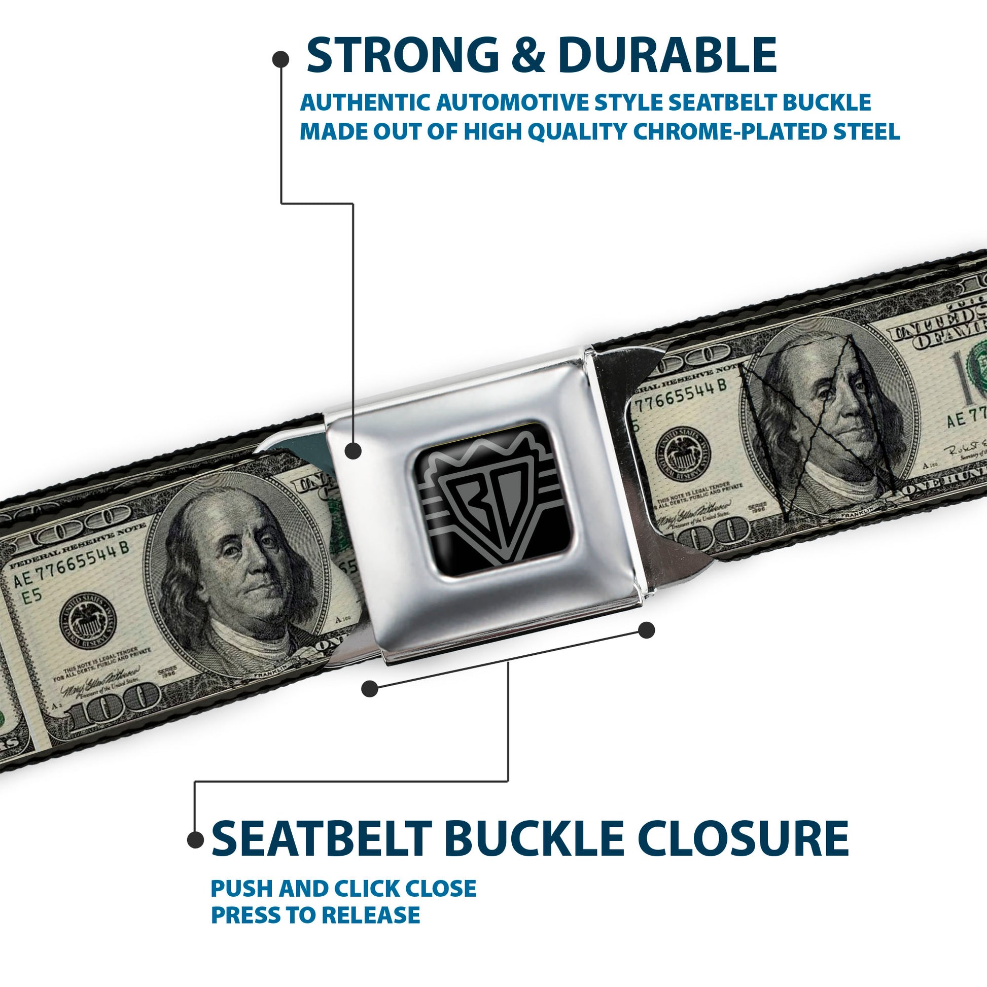 BD Wings Logo CLOSE-UP Full Color Black Silver Seatbelt Belt - 100 Dollar Bills Webbing Seatbelt Belts Buckle-Down