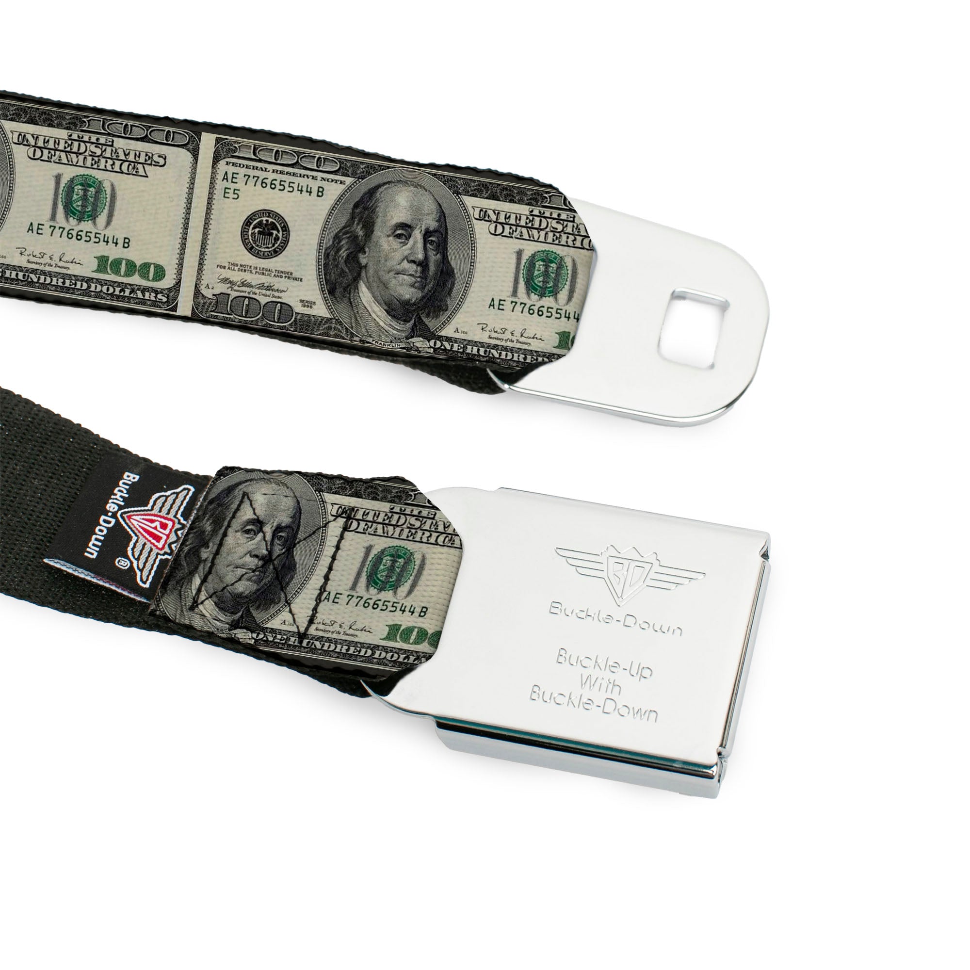 BD Wings Logo CLOSE-UP Full Color Black Silver Seatbelt Belt - 100 Dollar Bills Webbing Seatbelt Belts Buckle-Down