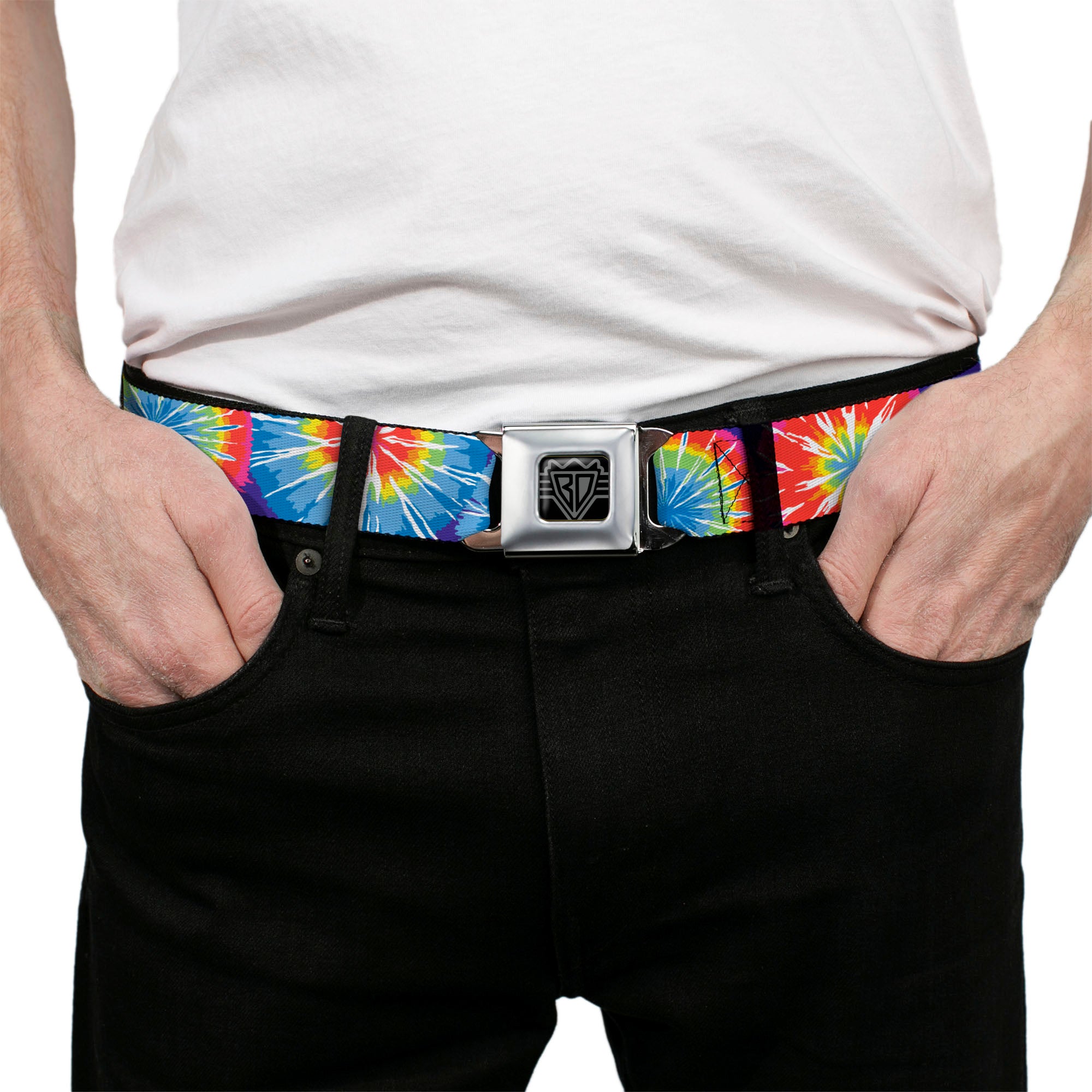BD Wings Logo CLOSE-UP Full Color Black Silver Seatbelt Belt - 70's Tie Dye Webbing Seatbelt Belts Buckle-Down