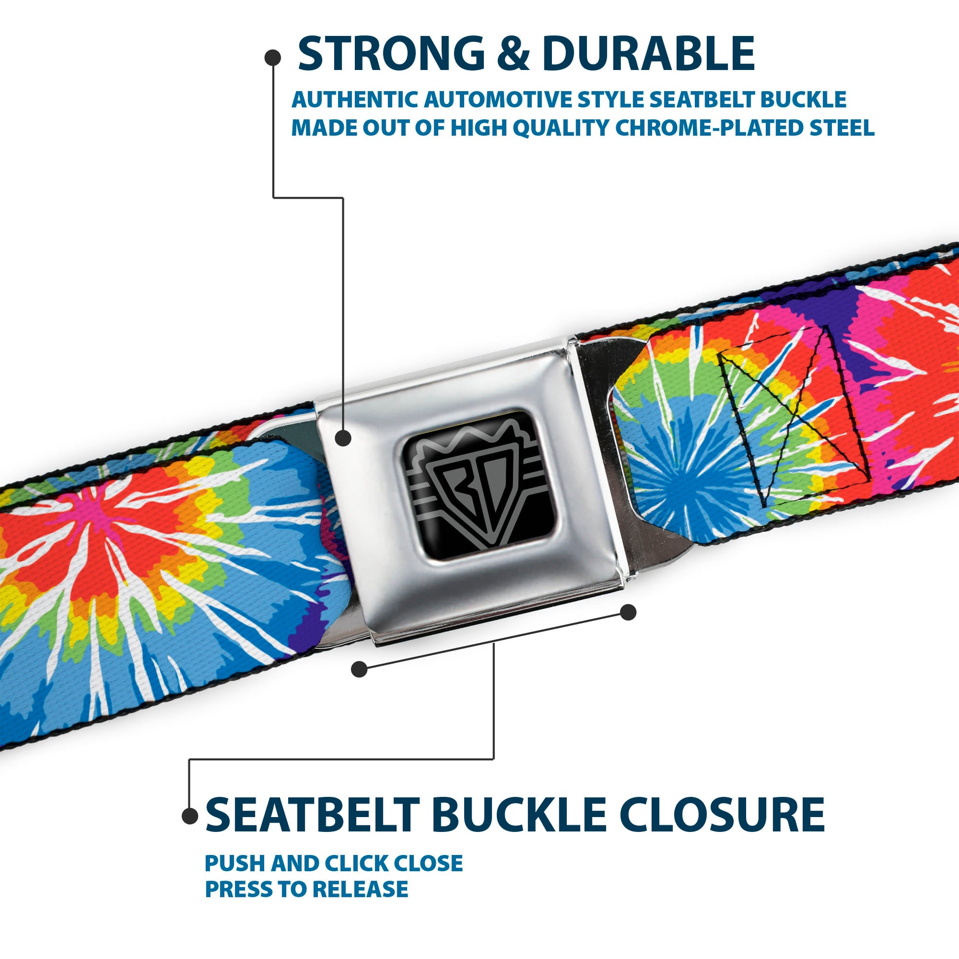 BD Wings Logo CLOSE-UP Full Color Black Silver Seatbelt Belt - 70's Tie Dye Webbing Seatbelt Belts Buckle-Down
