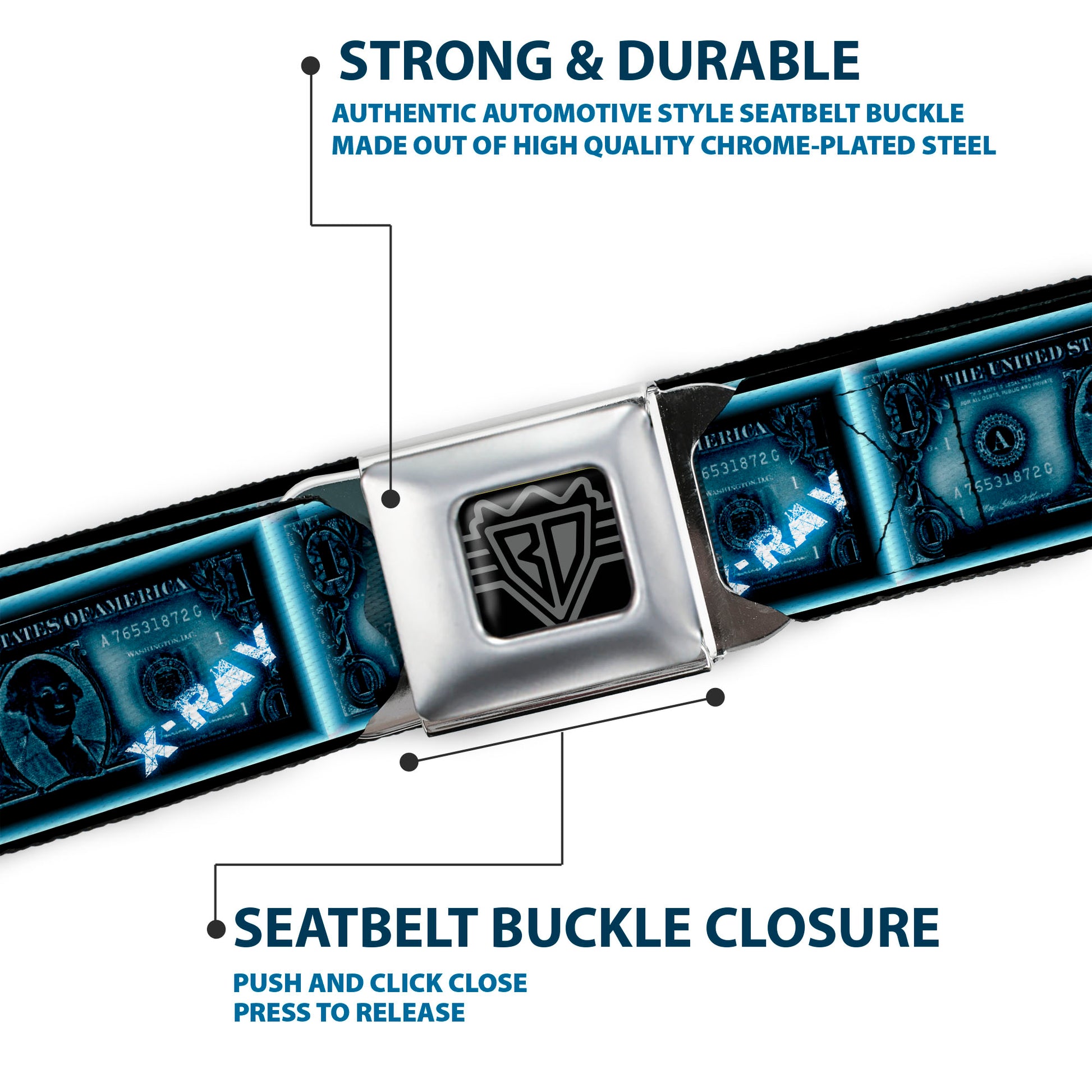BD Wings Logo CLOSE-UP Full Color Black Silver Seatbelt Belt - $1 Bill X-Ray Webbing Seatbelt Belts Buckle-Down