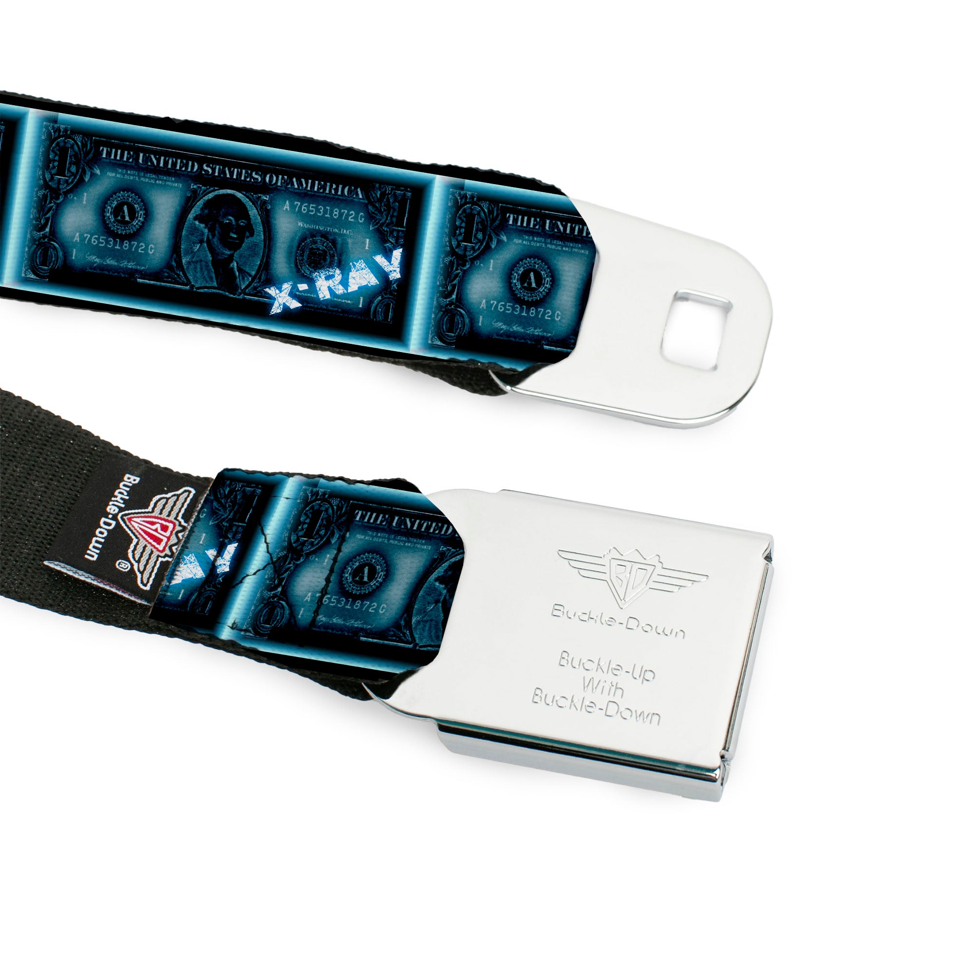 BD Wings Logo CLOSE-UP Full Color Black Silver Seatbelt Belt - $1 Bill X-Ray Webbing Seatbelt Belts Buckle-Down