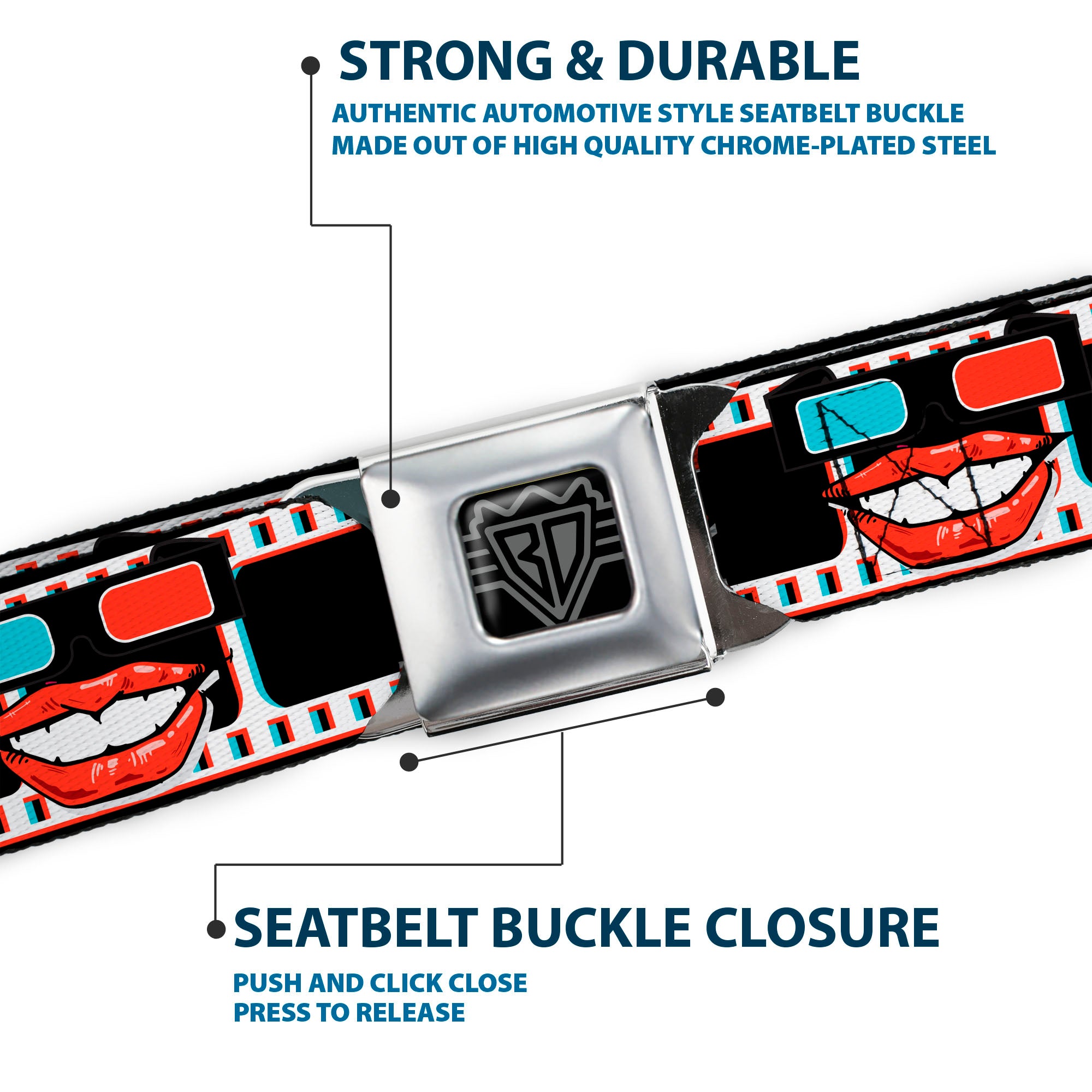 BD Wings Logo CLOSE-UP Full Color Black Silver Seatbelt Belt - 3-D Filmstrip Webbing Seatbelt Belts Buckle-Down