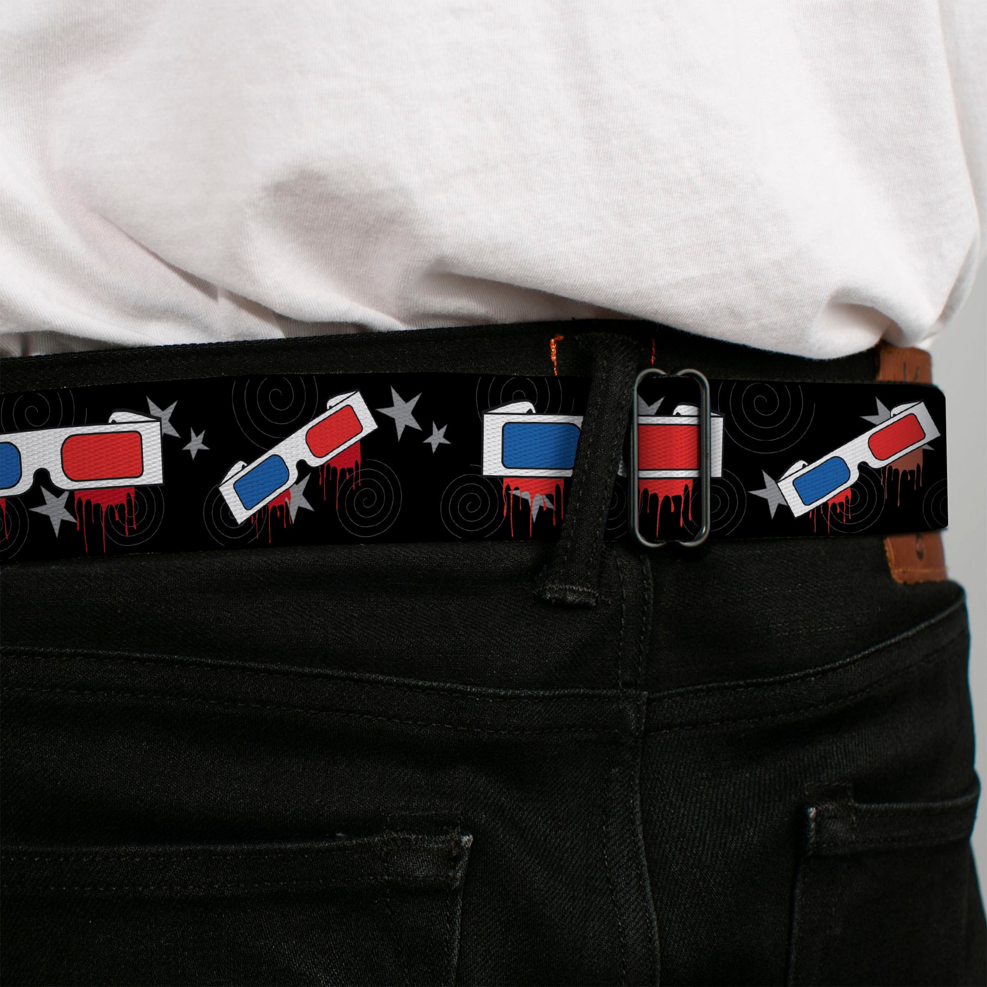 BD Wings Logo CLOSE-UP Full Color Black Silver Seatbelt Belt - 3-D Glasses Dripping w/Stars Webbing Seatbelt Belts Buckle-Down