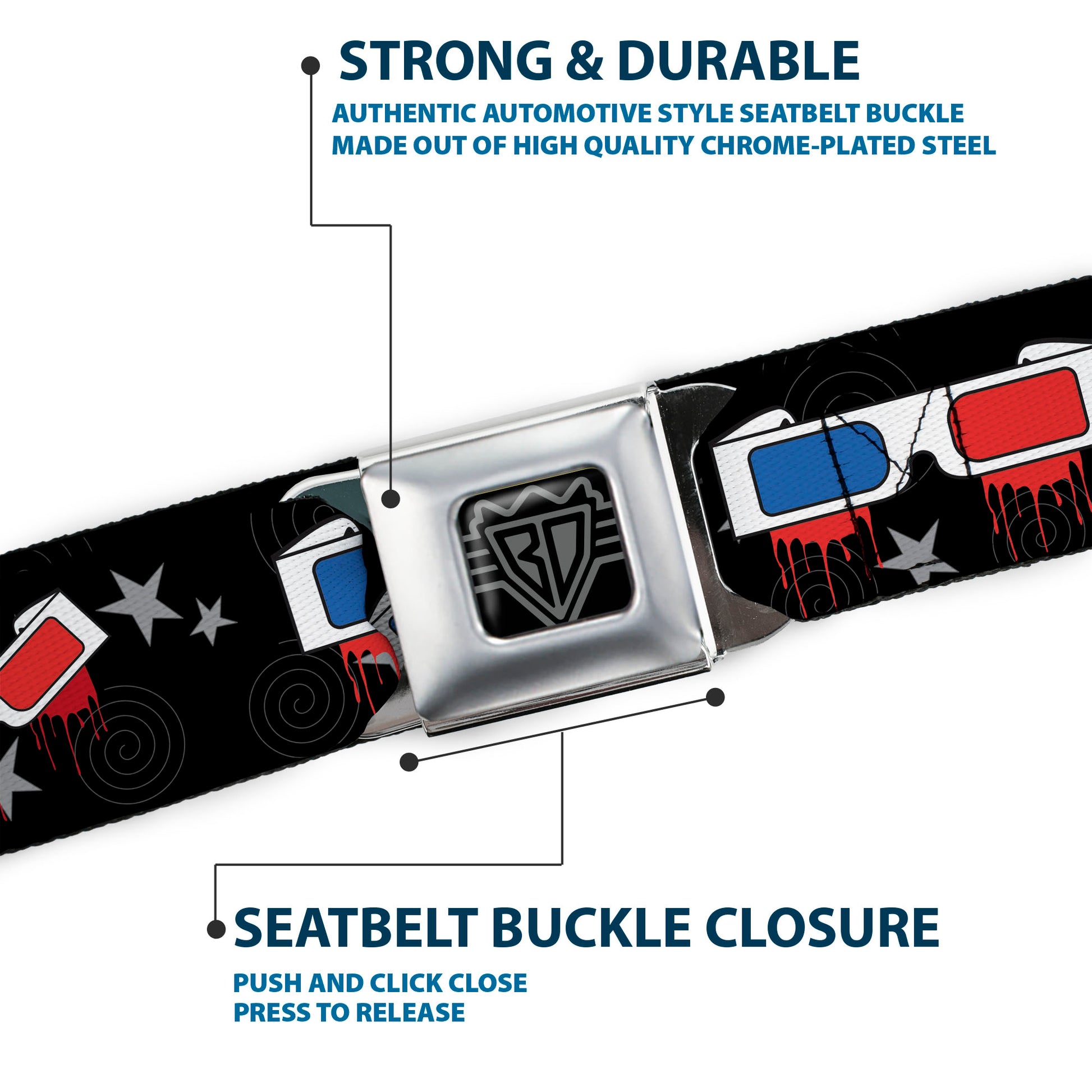 BD Wings Logo CLOSE-UP Full Color Black Silver Seatbelt Belt - 3-D Glasses Dripping w/Stars Webbing Seatbelt Belts Buckle-Down